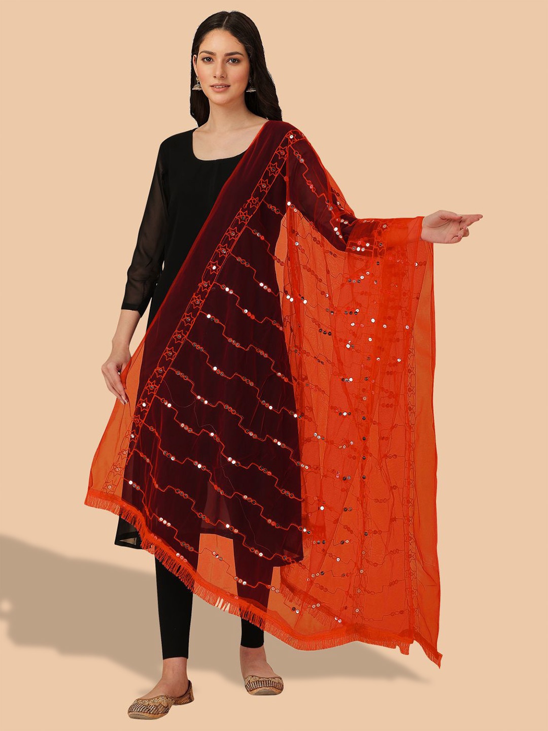 

Dori Geometric Embroidered Net Dupatta with Sequinned, Orange