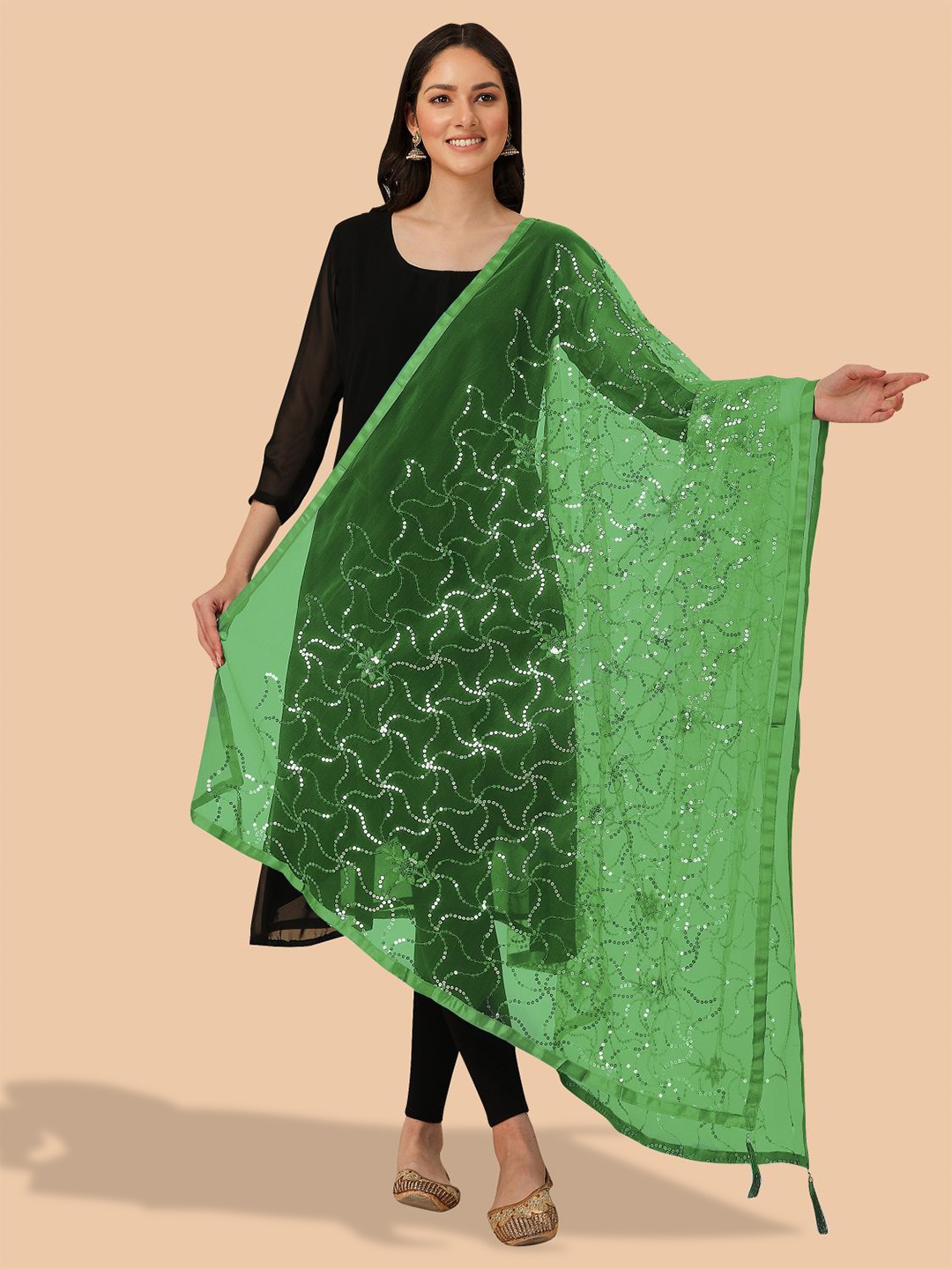 

Dori Abstract Embroidered Net Dupatta With Sequinned, Green