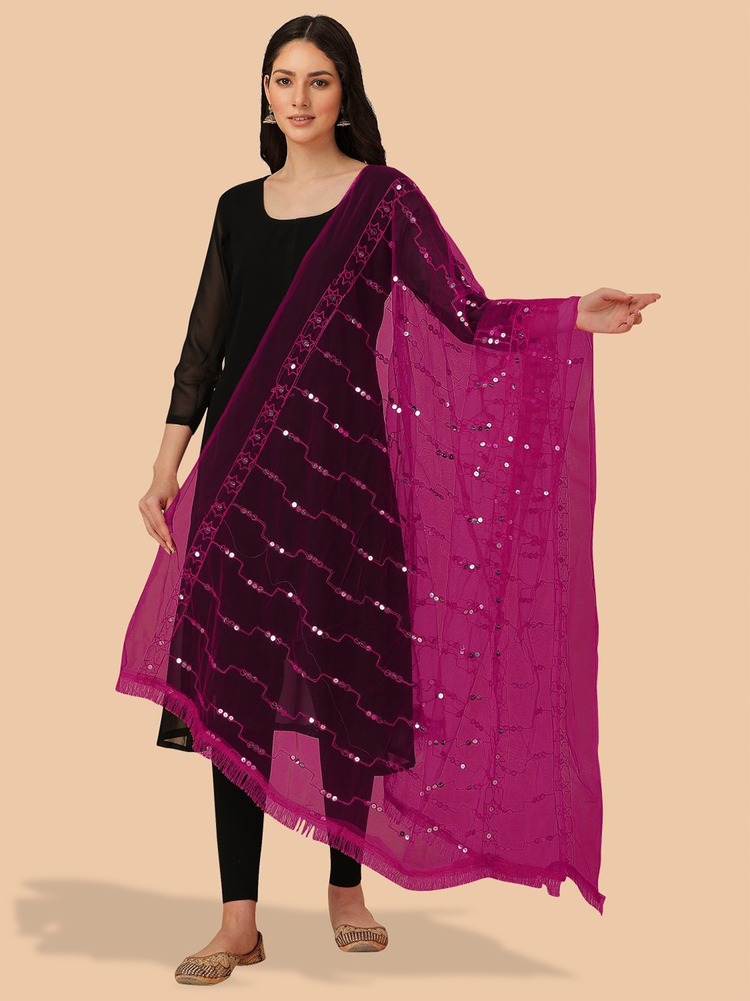 

Dori Geometric Embroidered Net Dupatta with Sequinned, Magenta