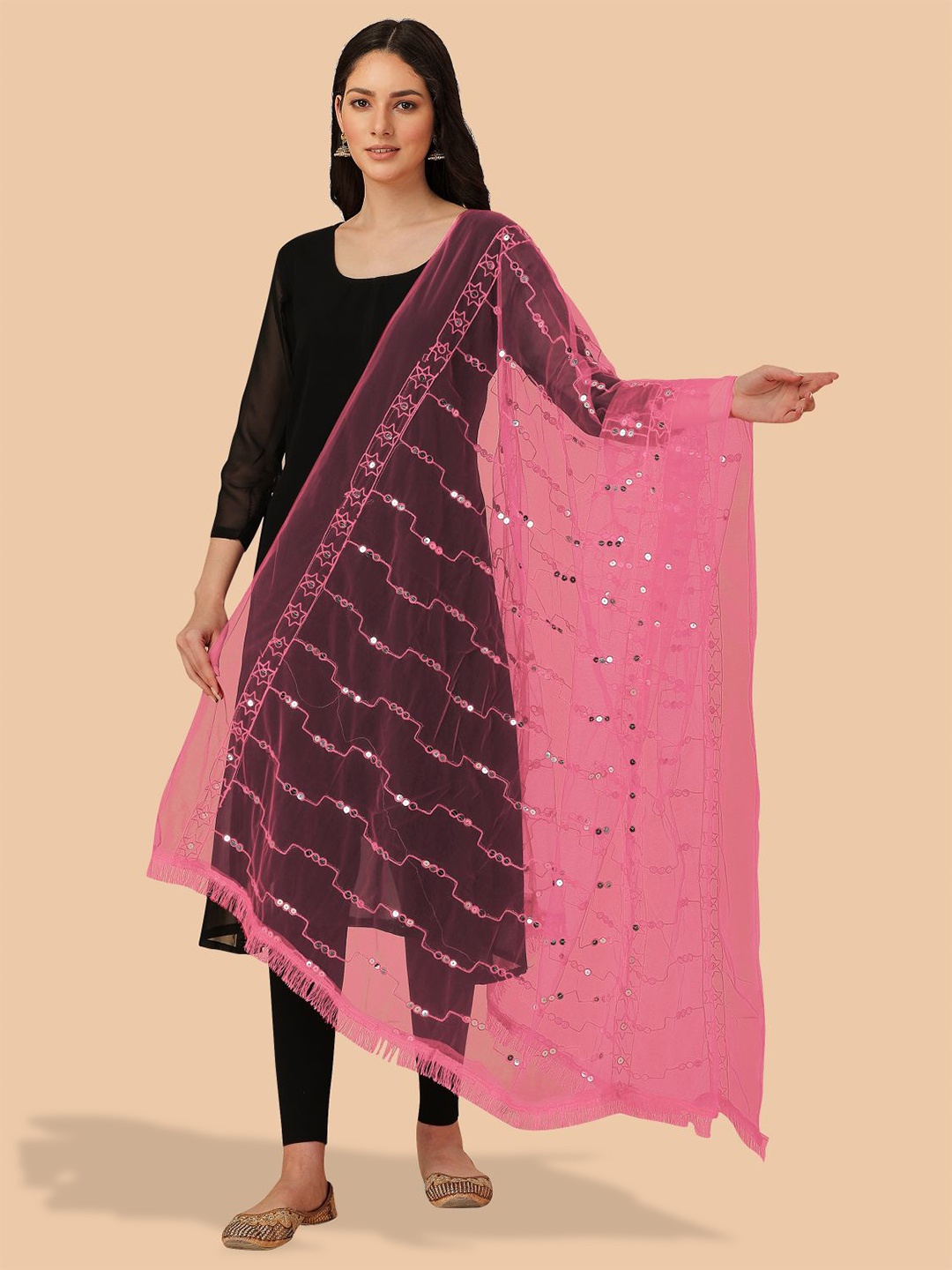 

Dori Embroidered Dupatta With Mirror Work, Pink