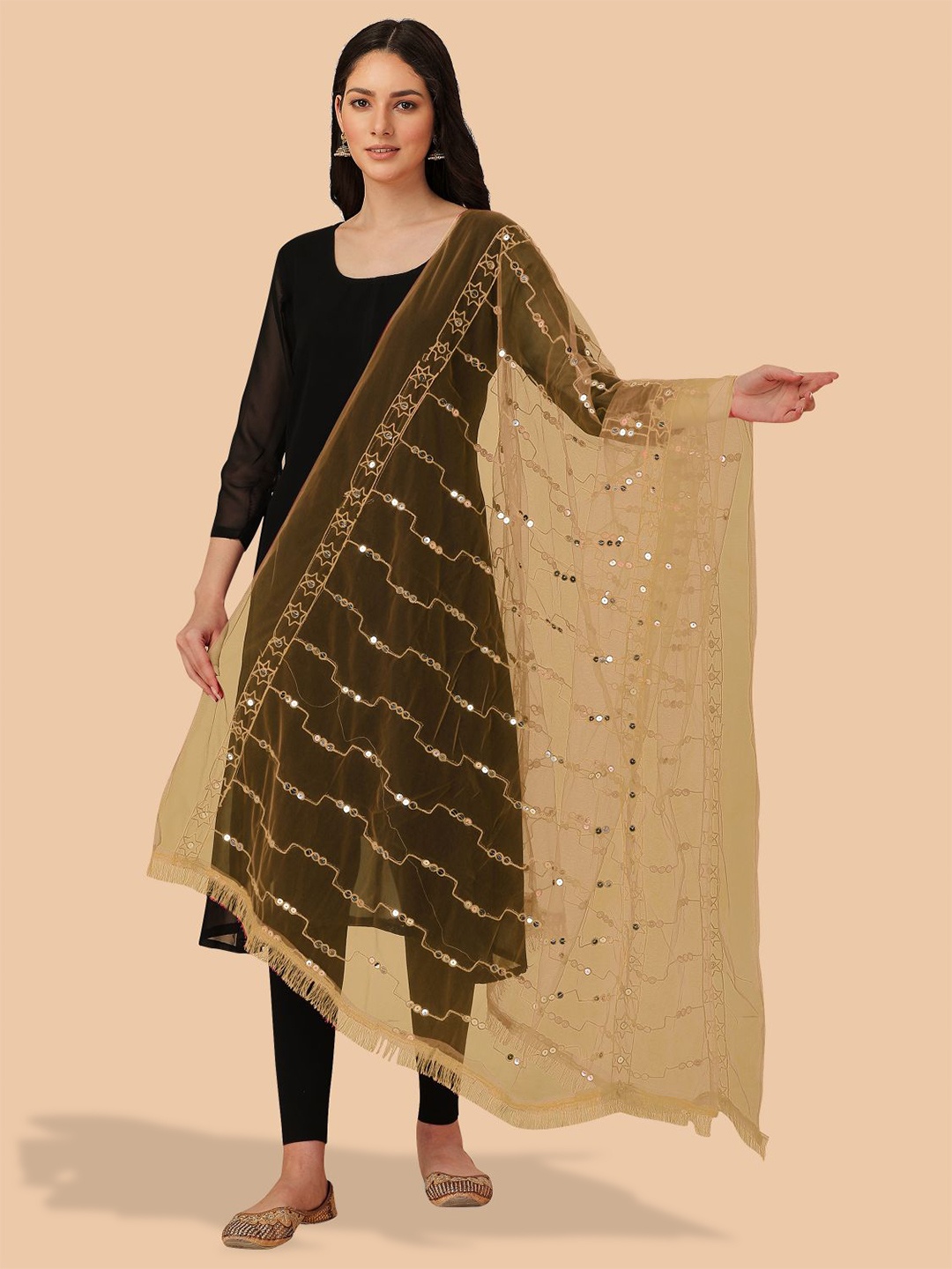 

Dori Geometric Embroidered Net Dupatta with Sequinned, Beige