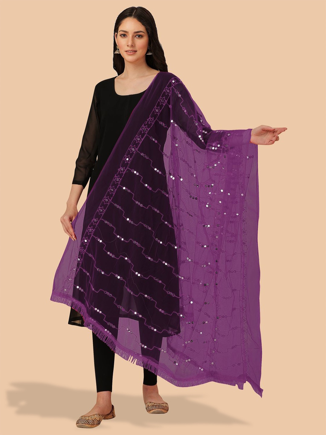 

Dori Geometric Embroidered Net Dupatta With Sequinned, Purple