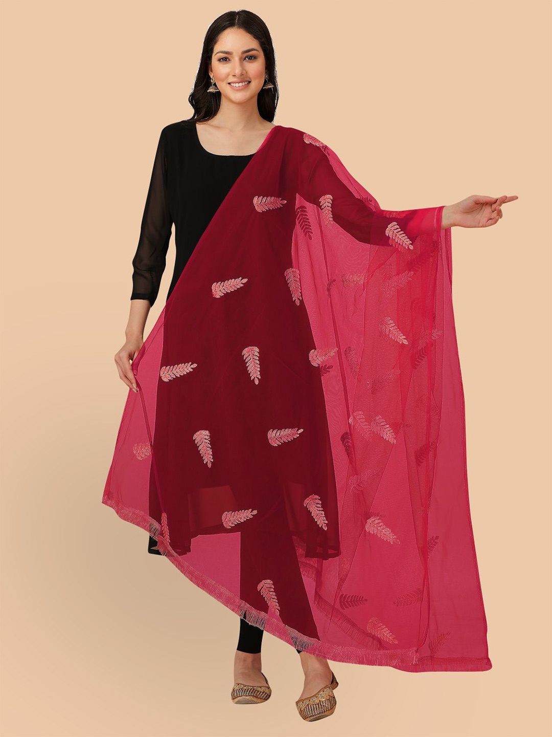 

Dori Floral Embroidered Chiffon Dupatta with Thread Work, Pink