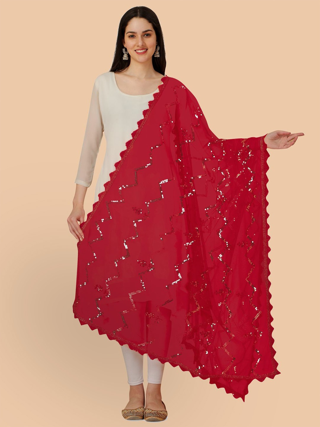 

Dori Abstract Embroidered Dupatta With Sequinned, Red