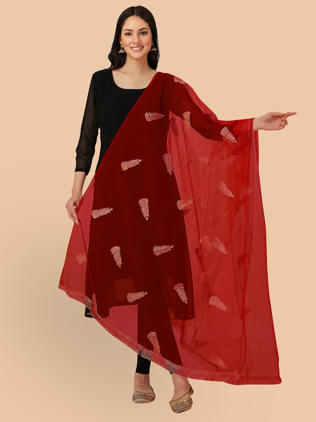 

Dori Floral Embroidered Chiffon Dupatta with Thread Work, Red