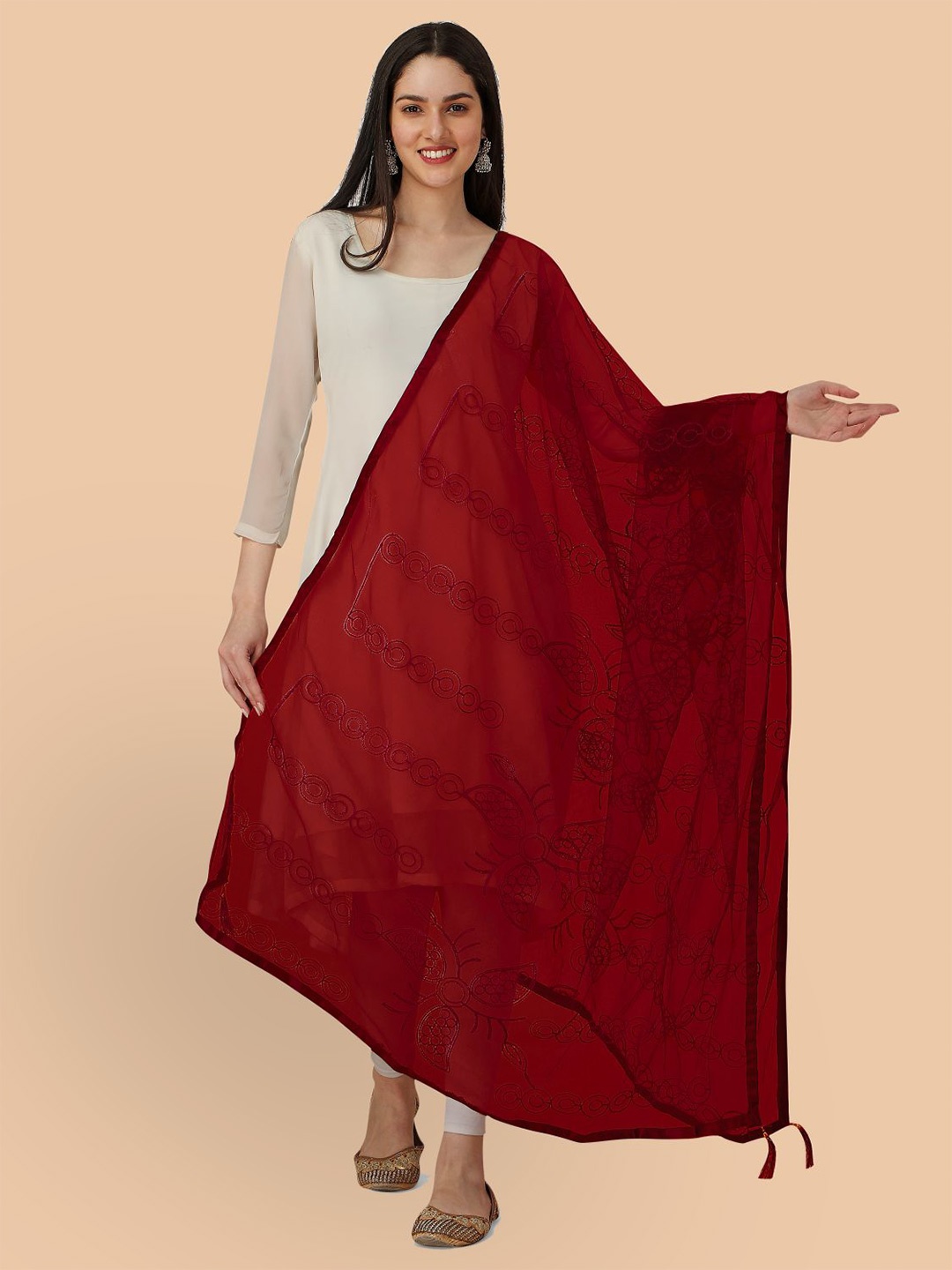 

Dori Floral Embroidered Net Dupatta with Thread Work, Red