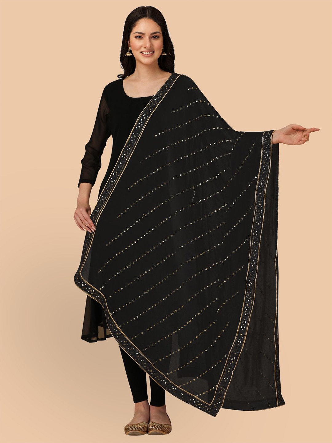 

Dori Striped Embroidered Chiffon Dupatta with Sequinned, Black