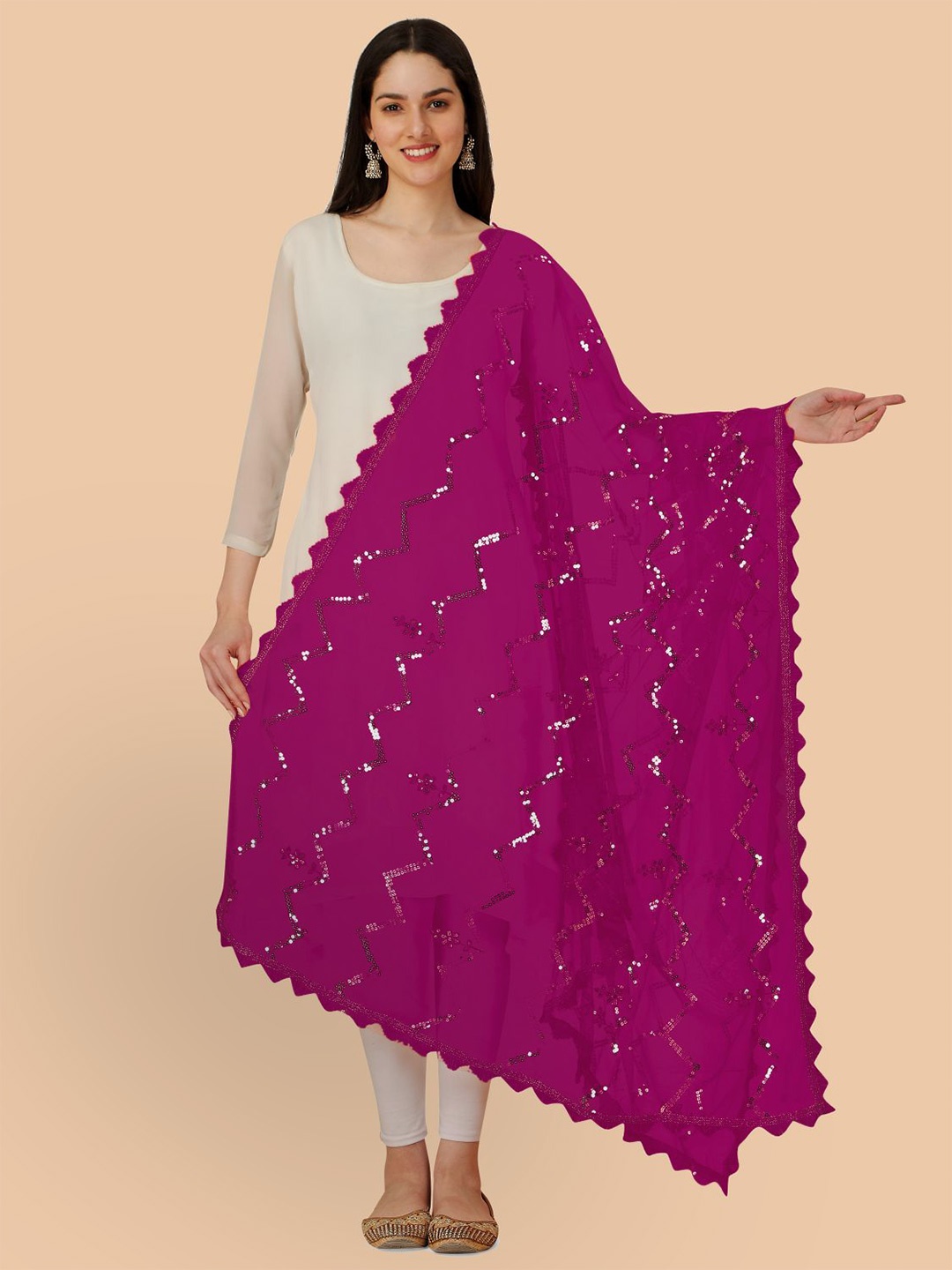 

Dori Geometric Embroidered Net Dupatta with Sequinned, Magenta