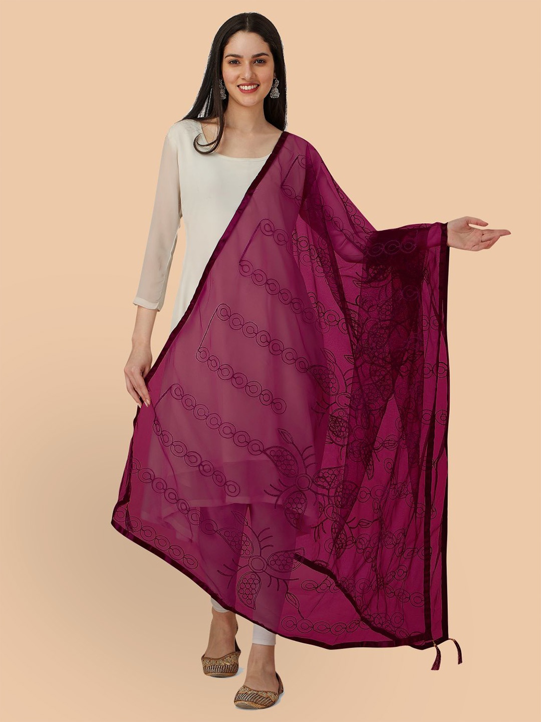

Dori Floral Embroidered Net Dupatta with Thread Work, Purple