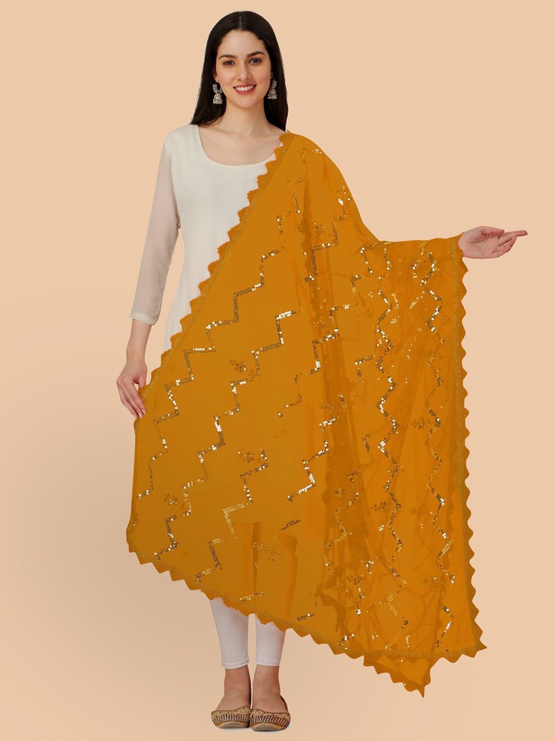 

Dori Geometric Embroidered Net Dupatta With Sequinned, Mustard