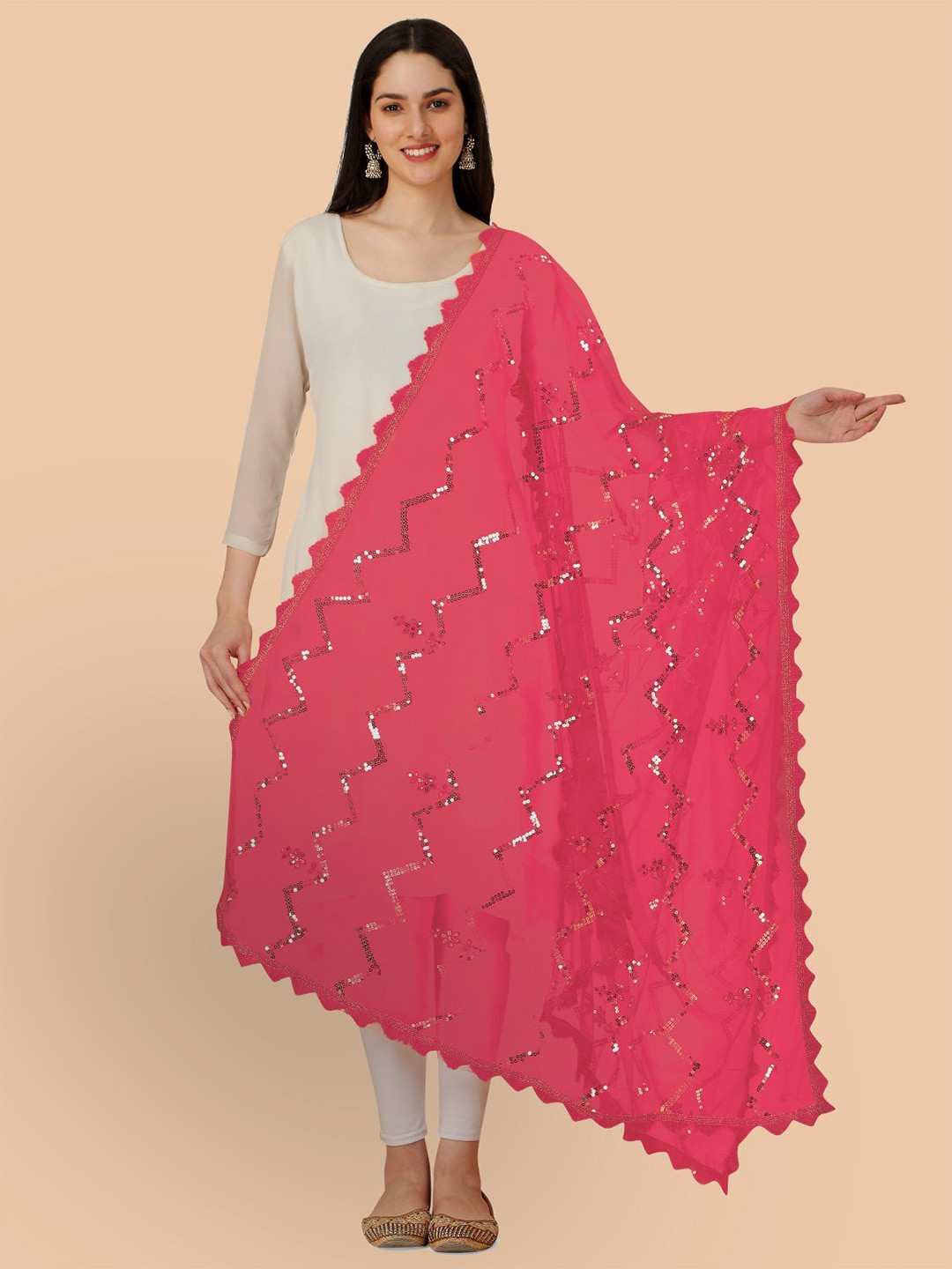 

Dori Chevron Embroidered Net Dupatta With Sequinned, Pink