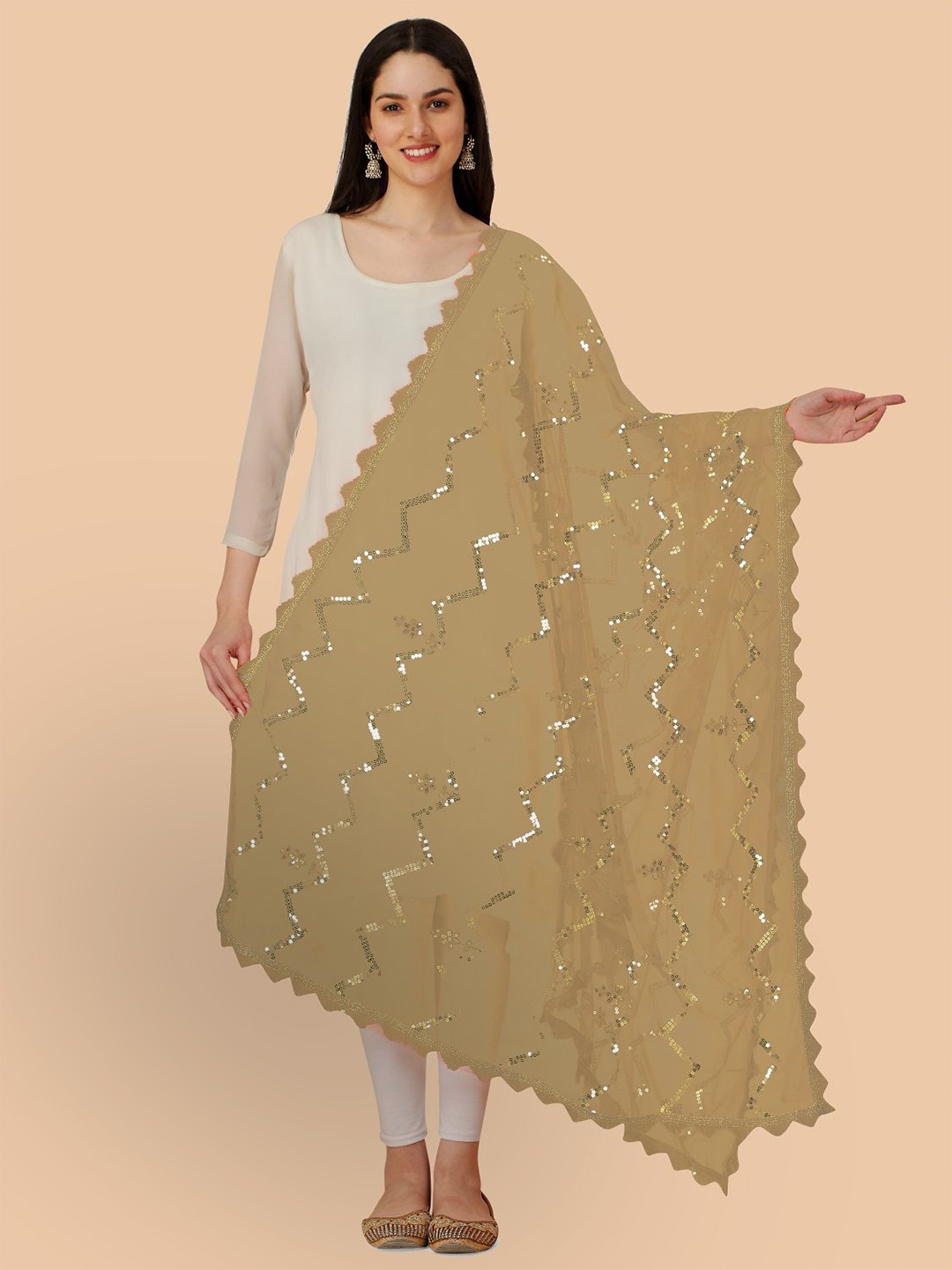 

Dori Chevron Embroidered Net Dupatta With Sequinned, Beige