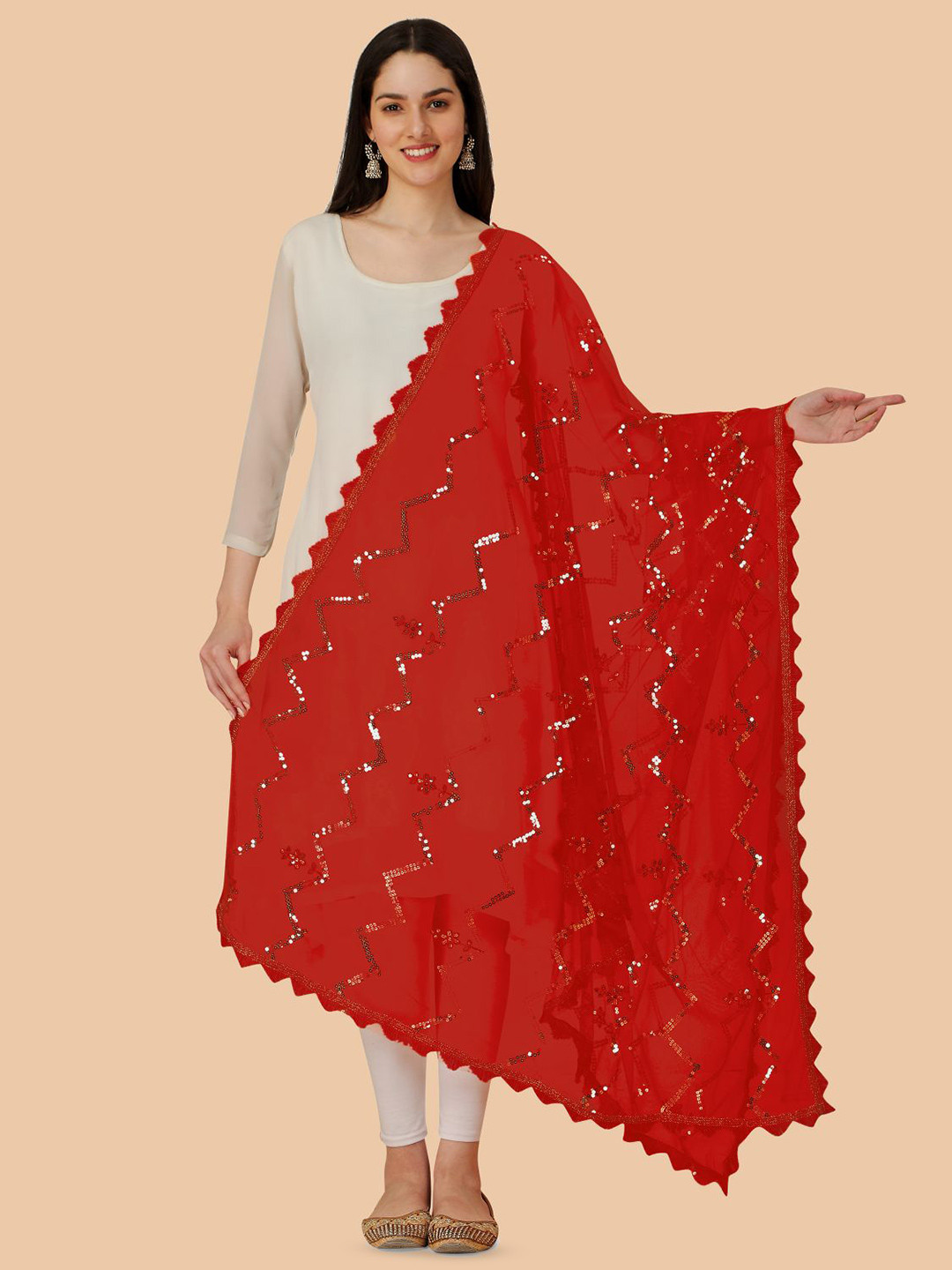 

Dori Chevron Embroidered Net Dupatta With Sequinned, Orange