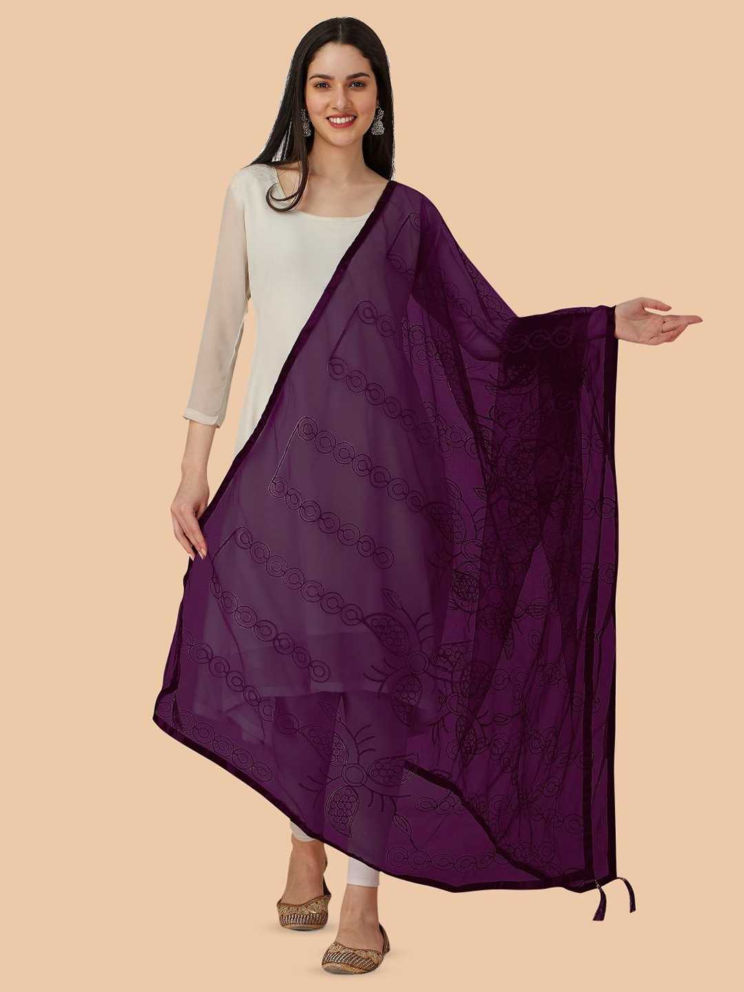 

Dori Floral Embroidered Net Dupatta with Thread Work, Purple