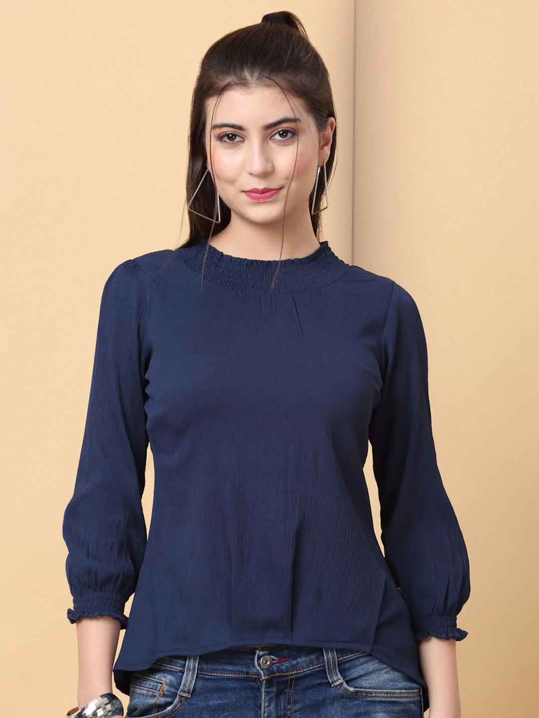 

RAISIN High Neck Puffed Sleeves Crepe Top, Navy blue