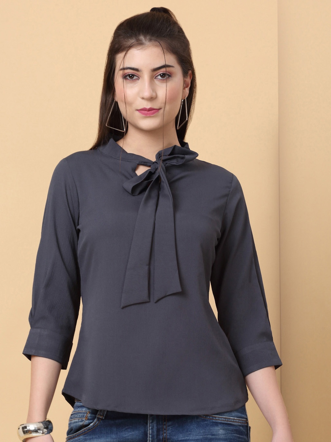 

RAISIN Tie-Up Neck Crepe Top, Grey