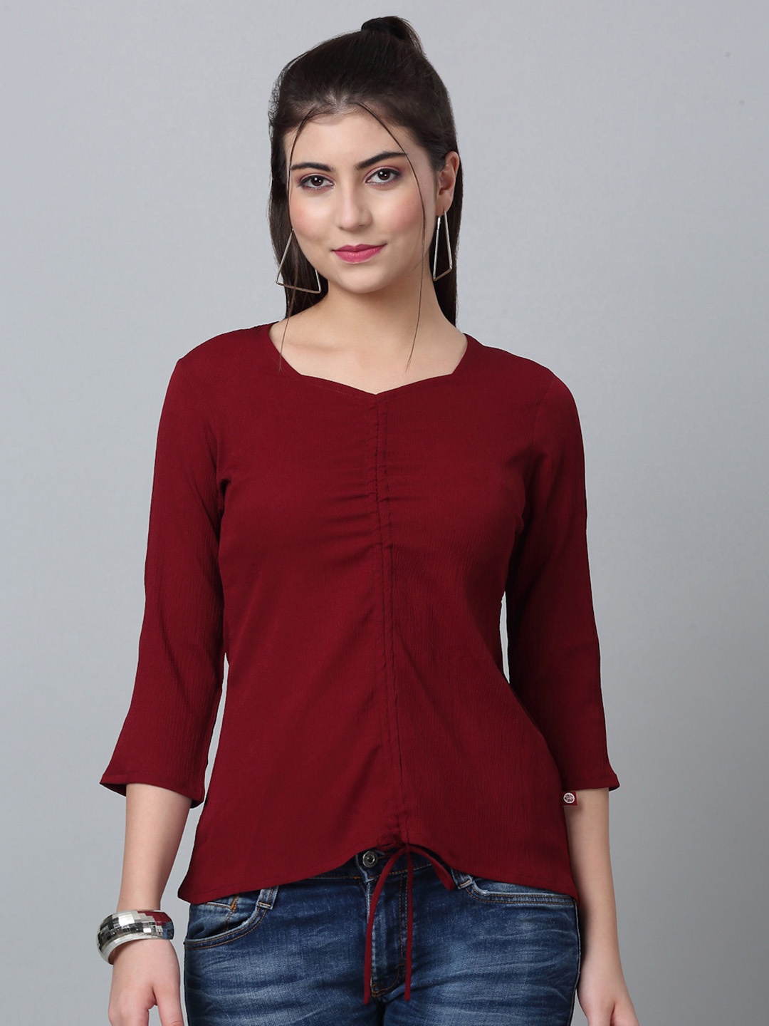 

RAISIN Round Neck Ruffled Crepe Top, Rust