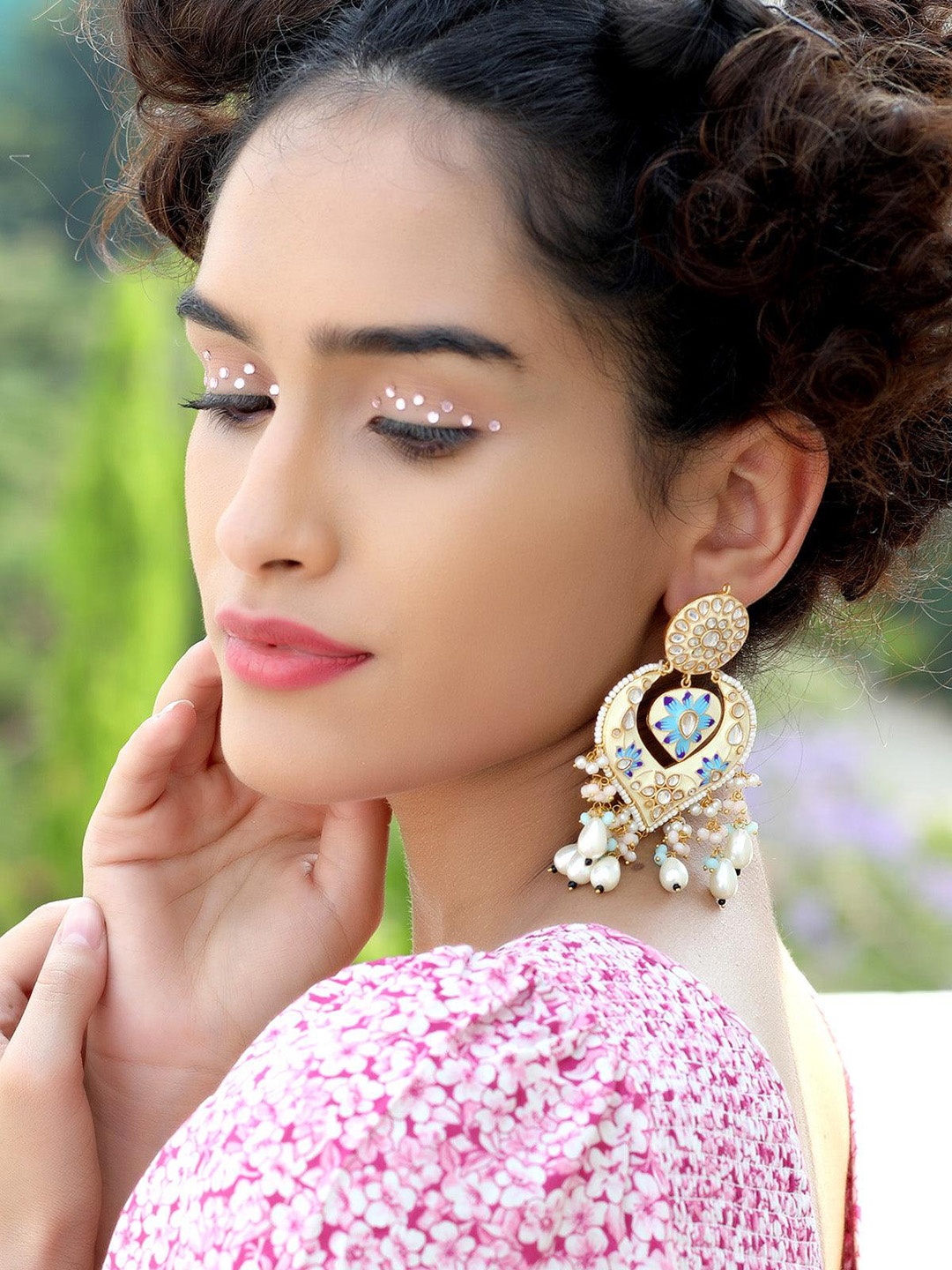 

ODETTE Contemporary Stone-Studded & Beaded Chandbalis, Gold