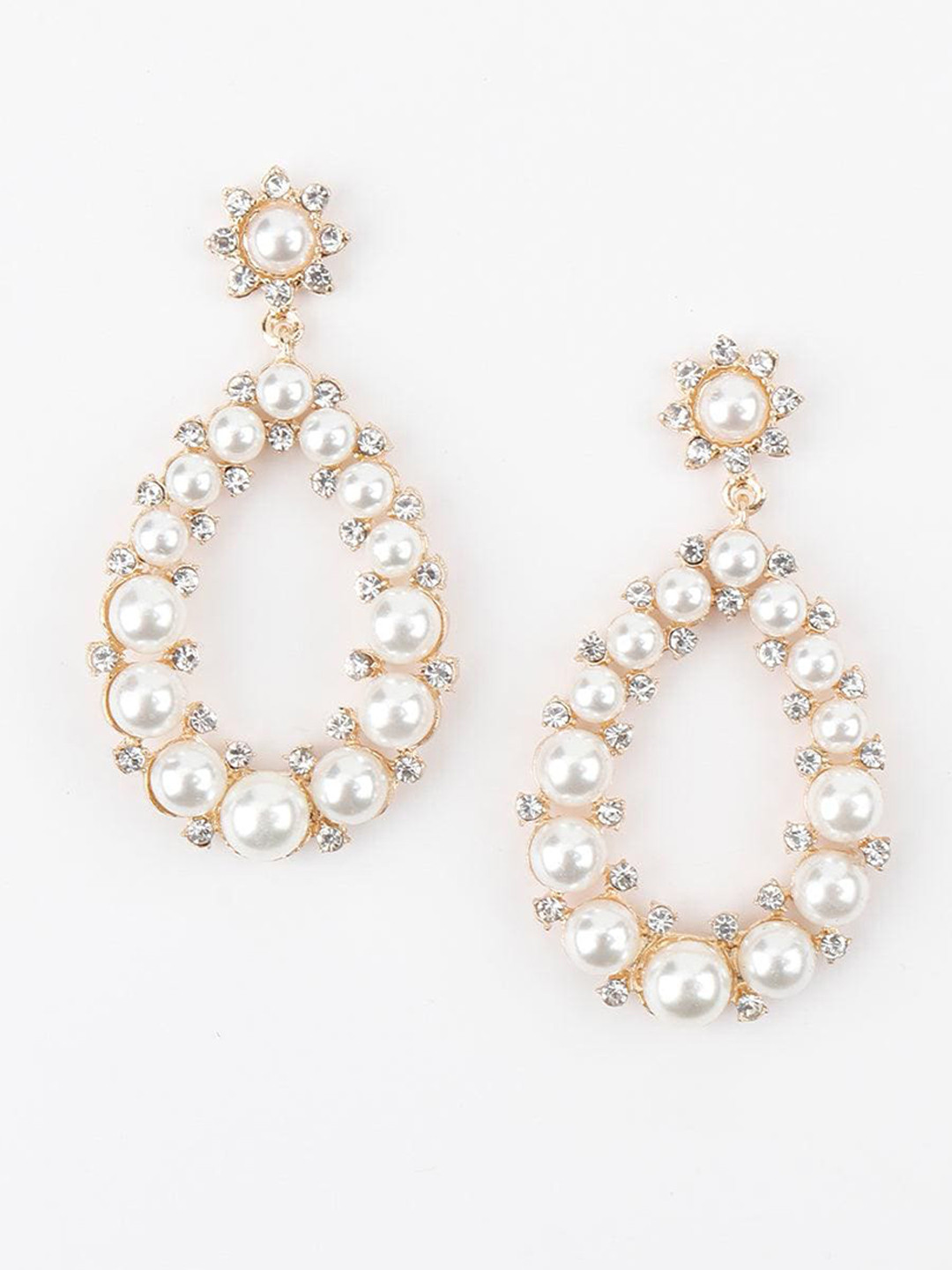 

ODETTE Gold-Plated Pearl Beaded & Stones Studded Contemporary Drop Earrings