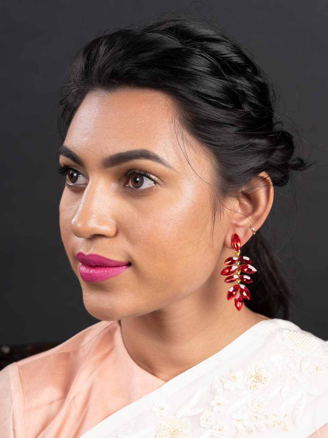 

ODETTE Gold-Plated Stone-Studded Leaf Drop Earrings