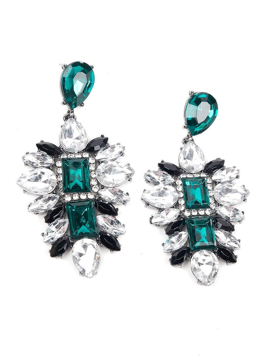 

ODETTE Silver-Plated Emerald & Crystal-Studded Contemporary Statement Drop Earrings