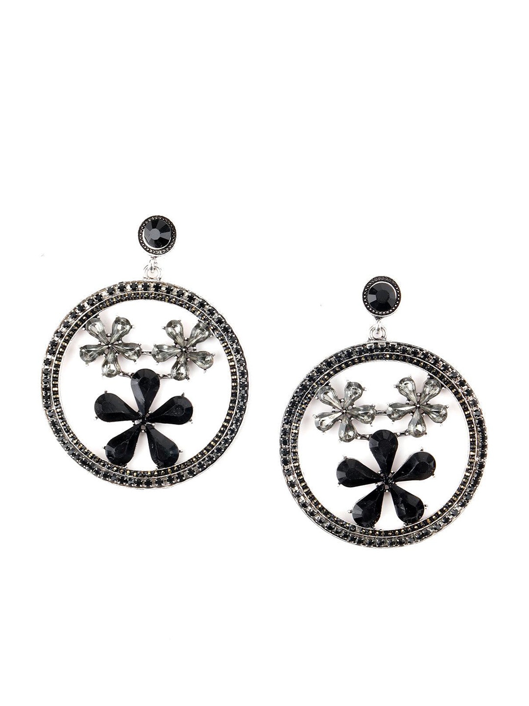 

ODETTE Silver-Plated Stone-Studded Floral Dangle Drop Earrings