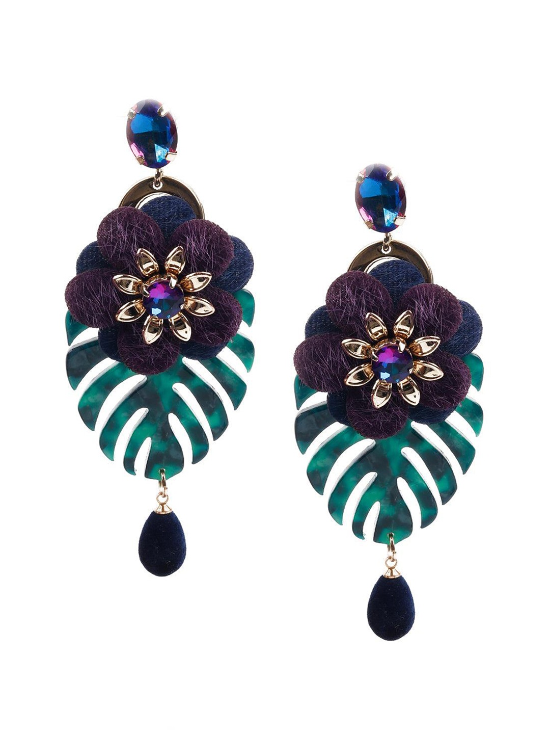 

ODETTE Gold-Plated Stone-Studded Leaf Shaped Dangle Drop Earrings