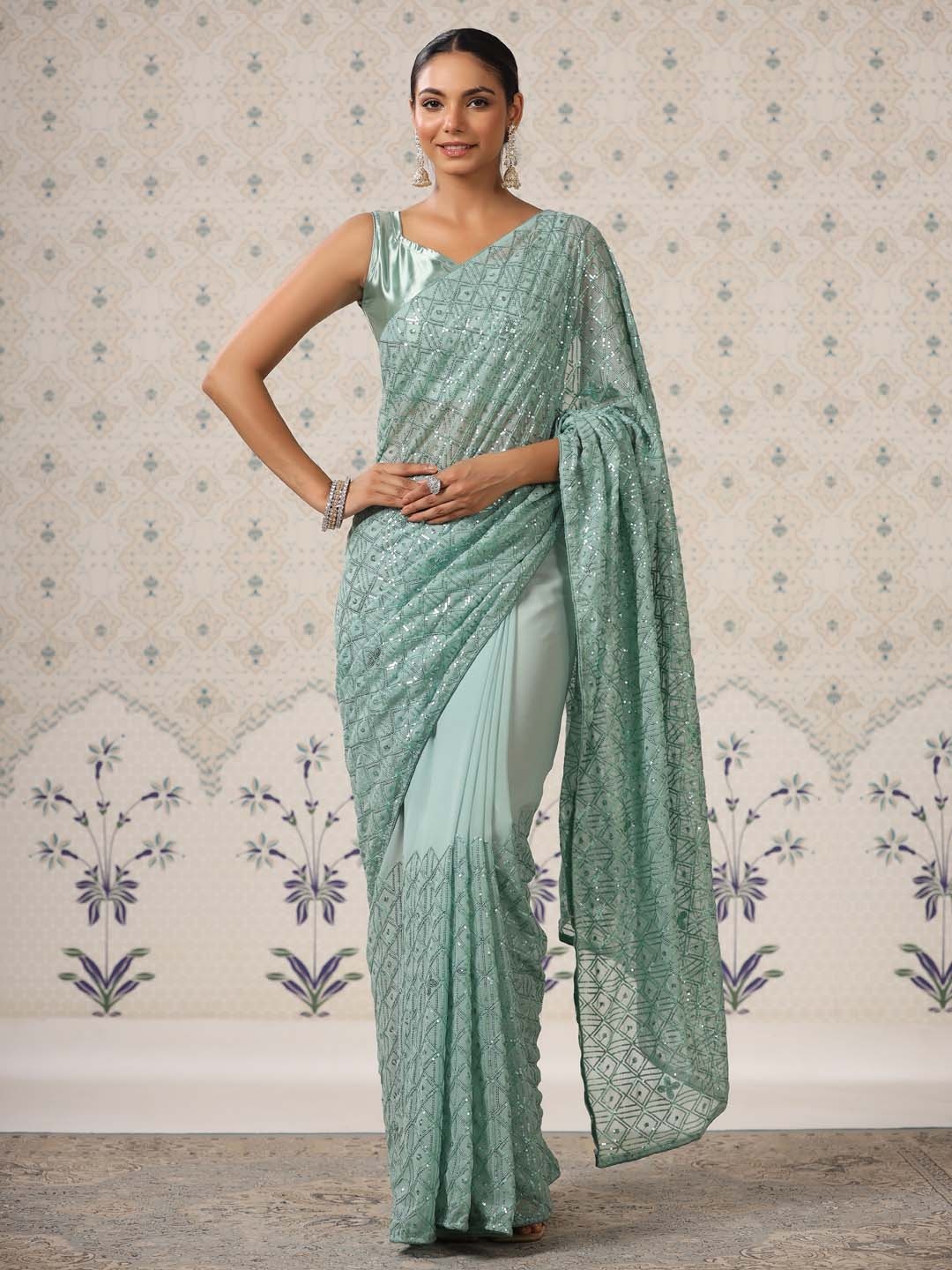 

Ode by House of Pataudi Embellished Sequinned Party Saree, Turquoise blue