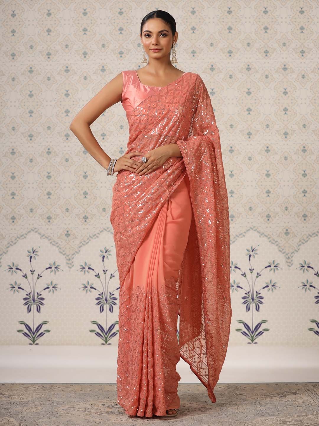 

Ode by House of Pataudi Sequinned Embellished Poly Georgette Saree, Peach