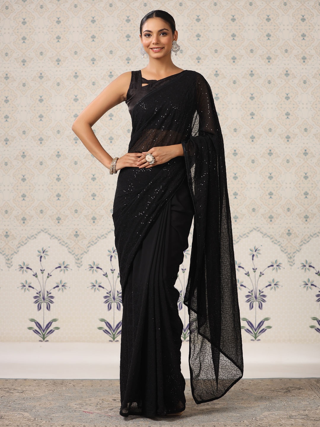 

Ode by House of Pataudi Sequinned Embellished Poly Georgette Saree, Black