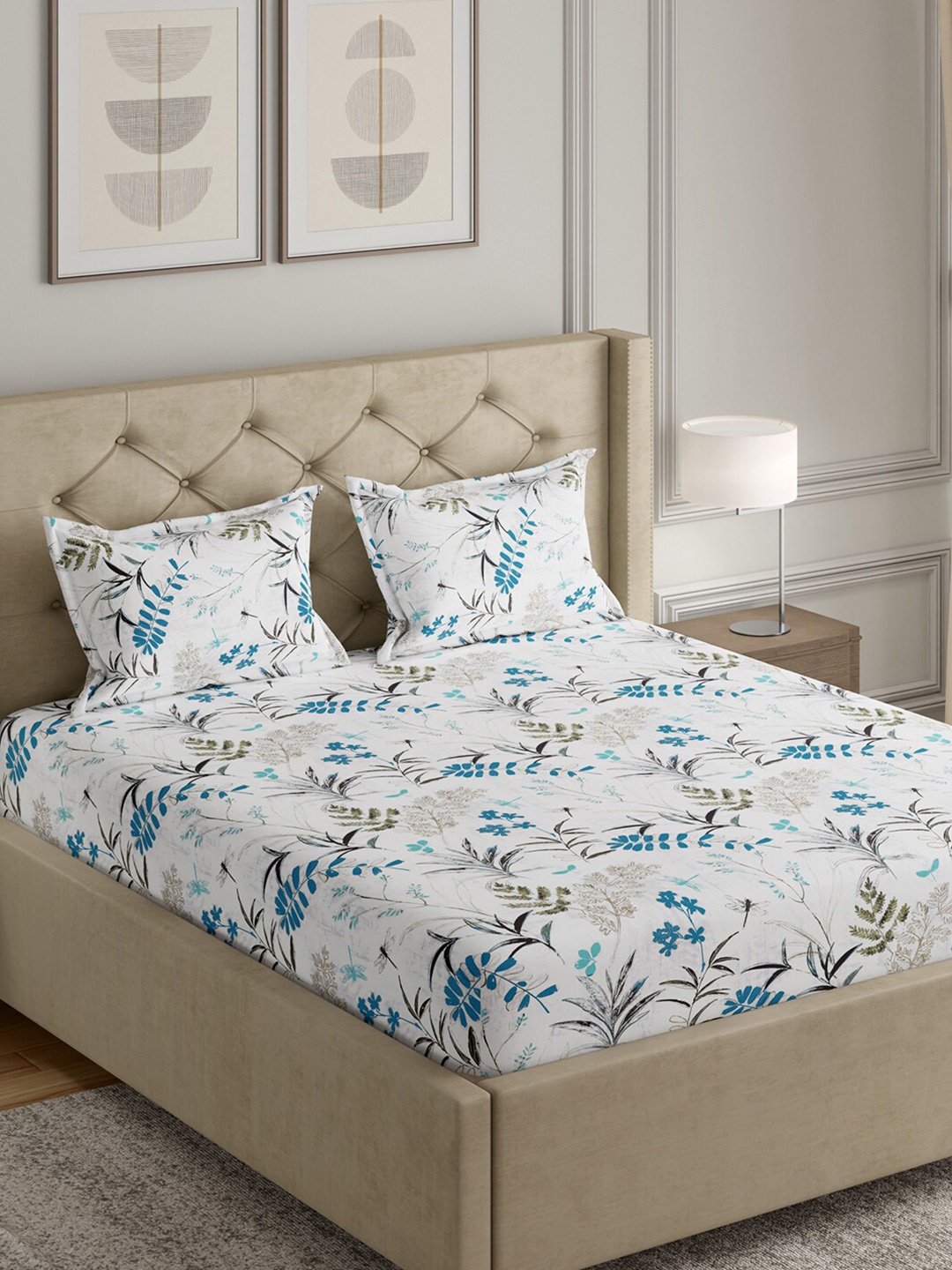 

GM White & Blue Printed Cotton 140 TC Queen Bedsheet with 2 Pillow Covers