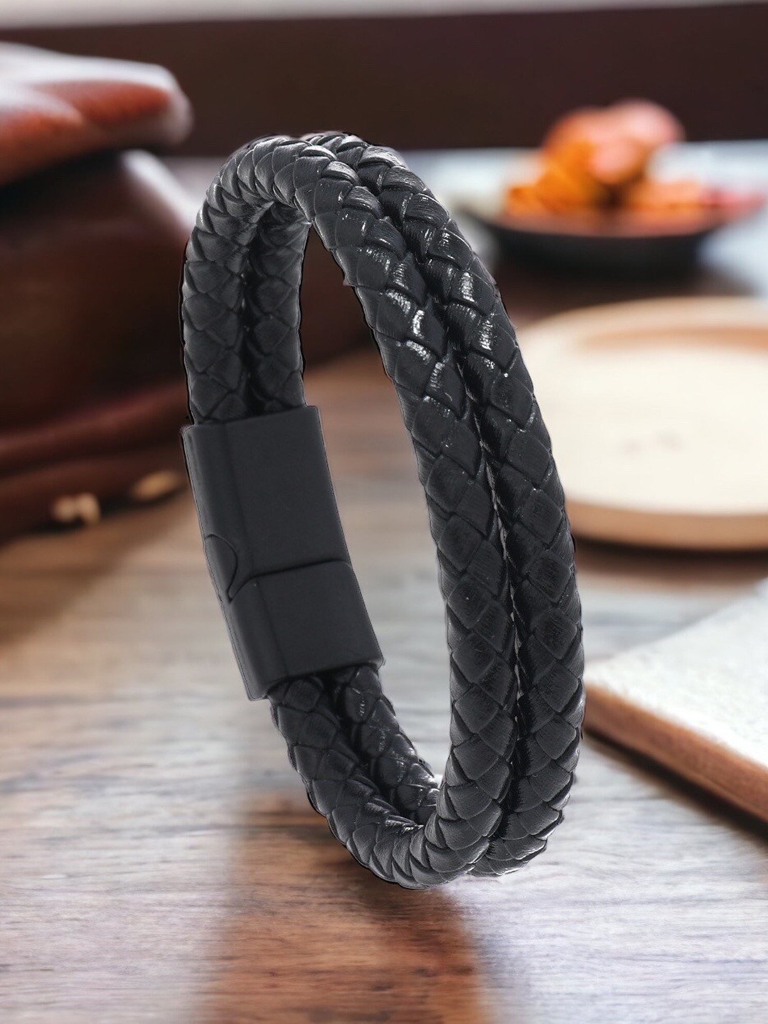 

MYKI Men Leather Wraparound Bracelet, Black