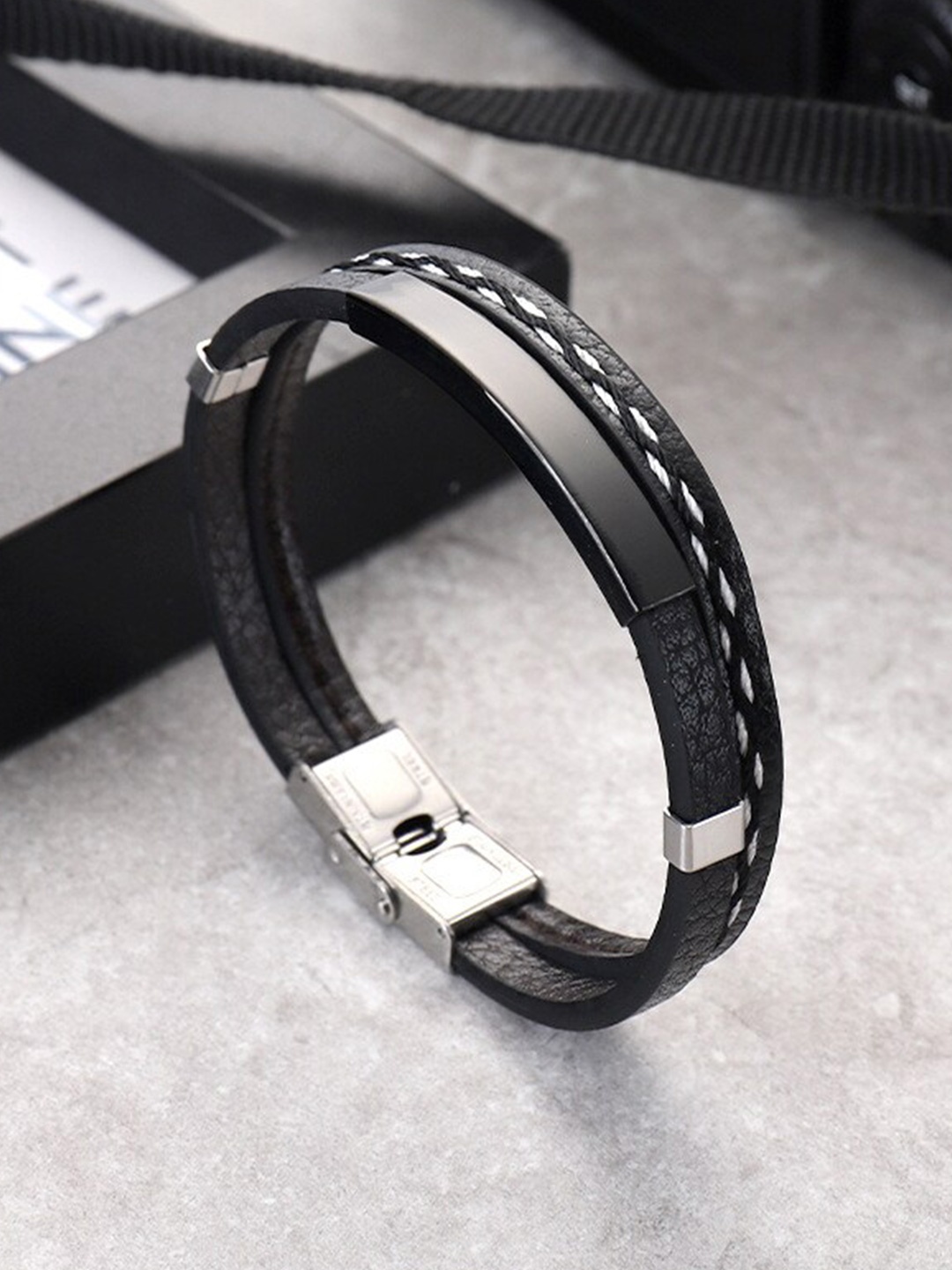

MYKI Men Leather Wraparound Bracelet, Black