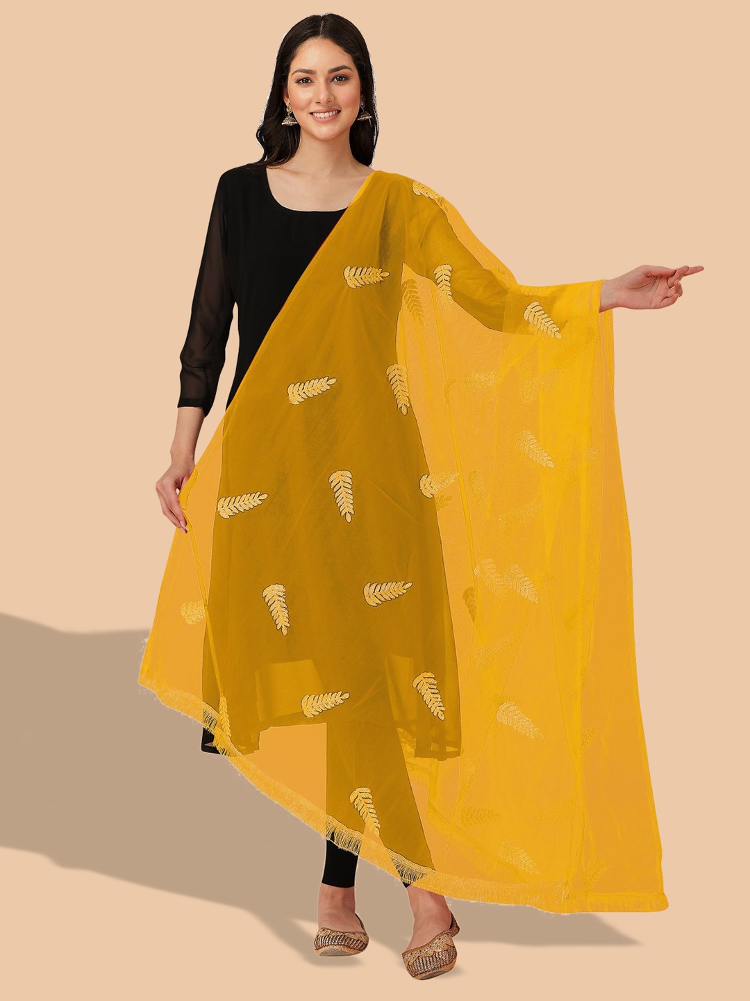

Dori Floral Embroidered Dupatta With Thread Work, Yellow