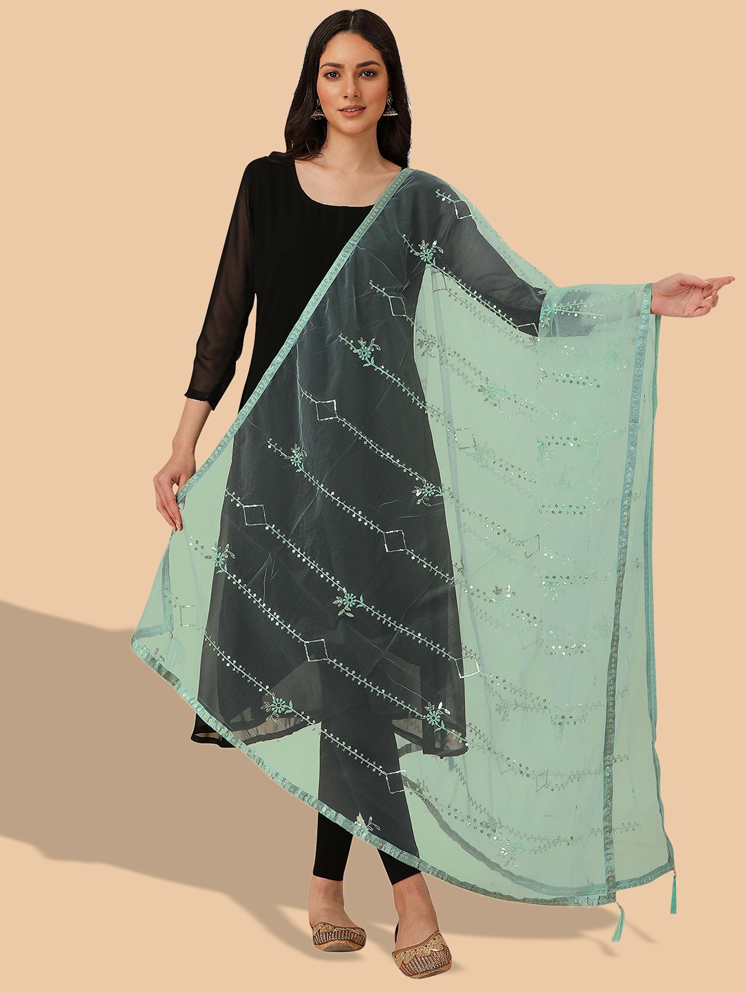 

Dori Embroidered Dupatta With Sequinned, Green