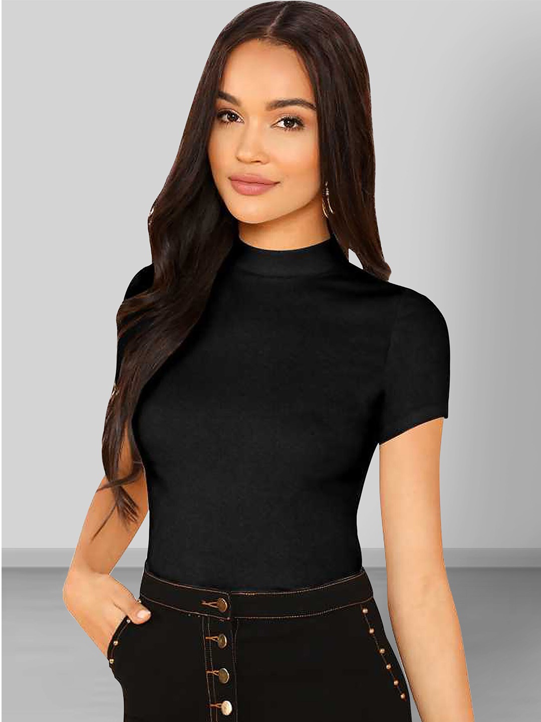 

Dream Beauty Fashion High Neck Short Sleeves Fitted Top, Black