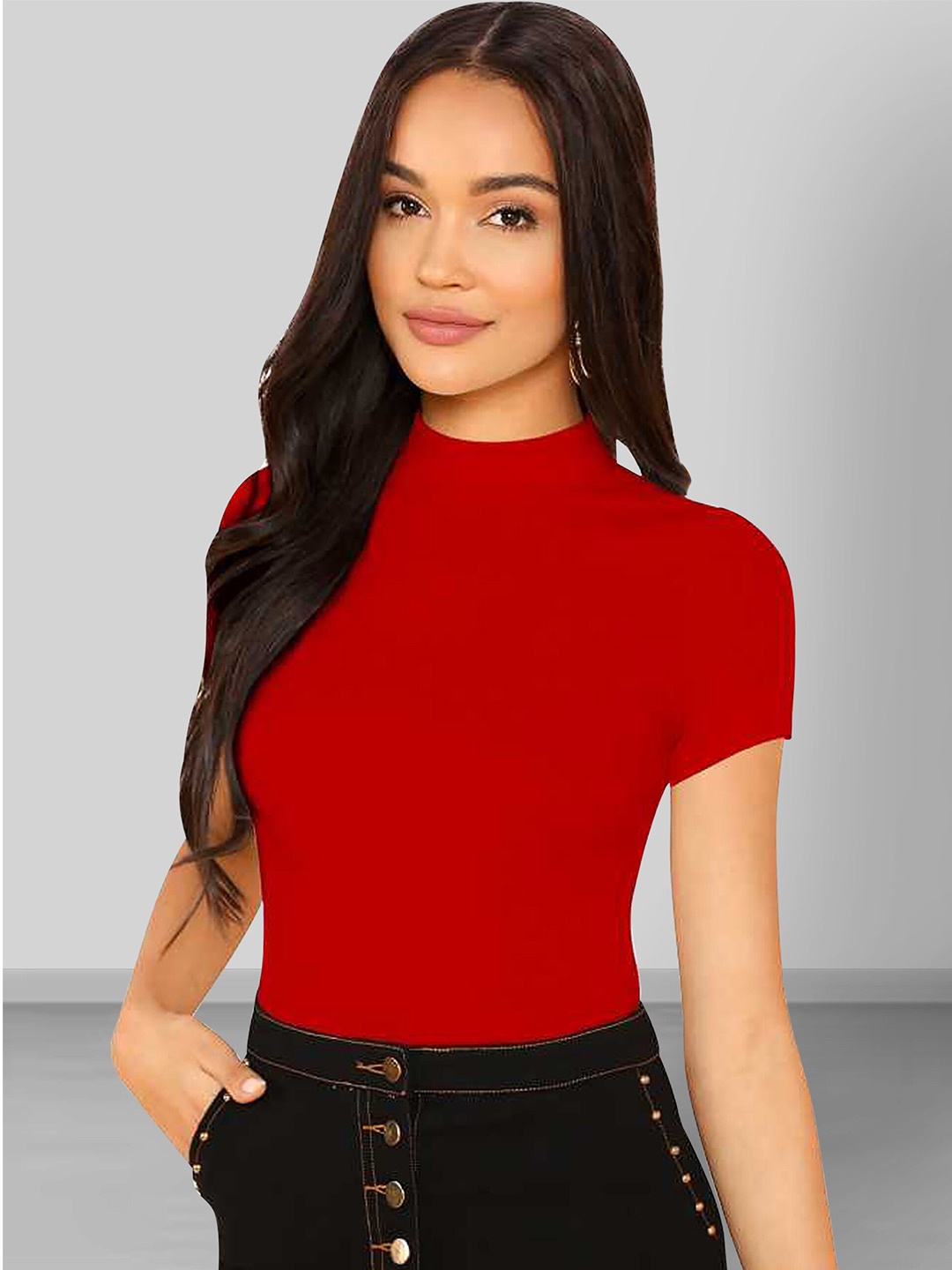 

Dream Beauty Fashion High Neck Short Sleeves Fitted Top, Red