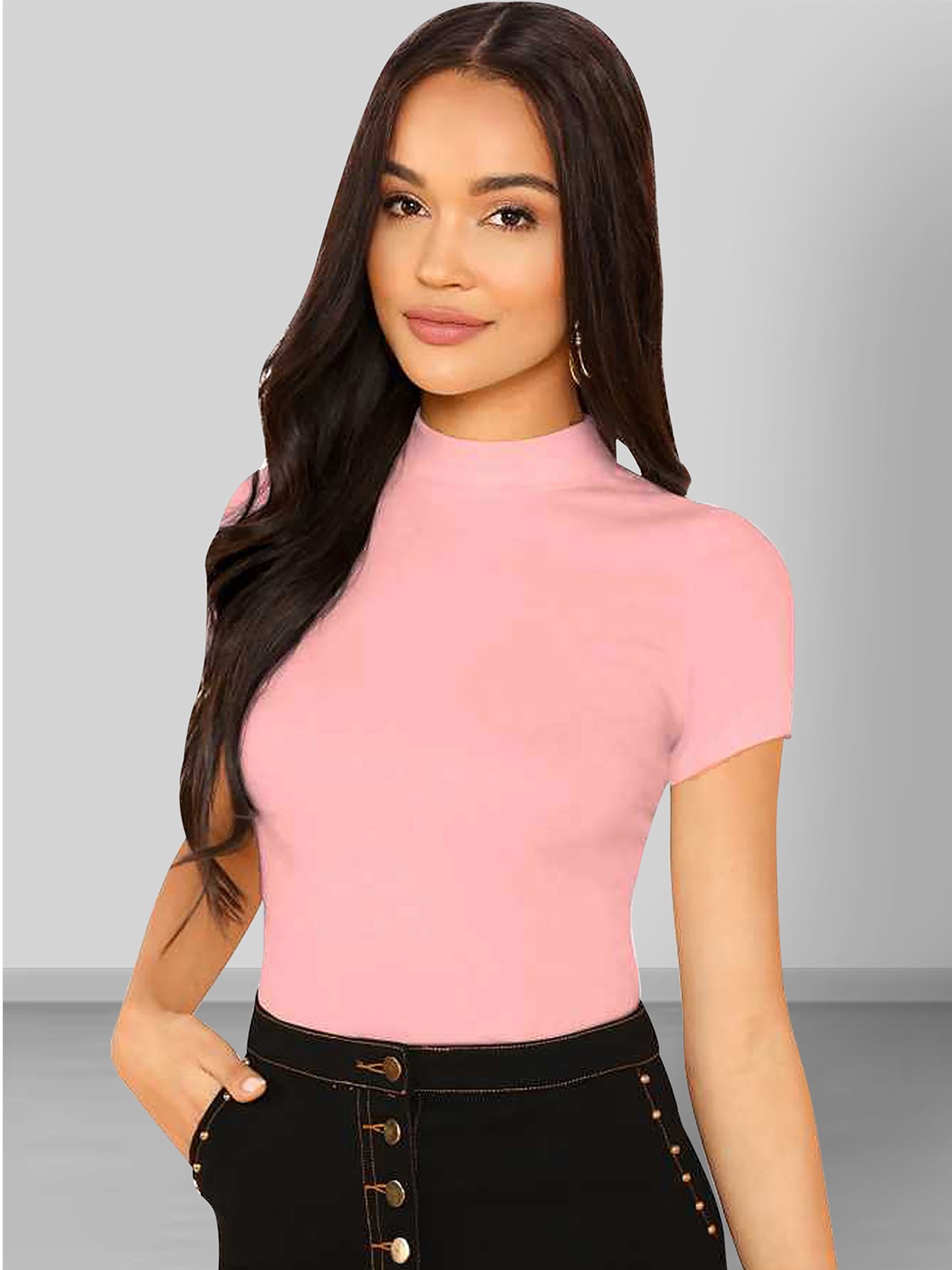 

Dream Beauty Fashion High Neck Short Sleeves Fitted Top, Pink