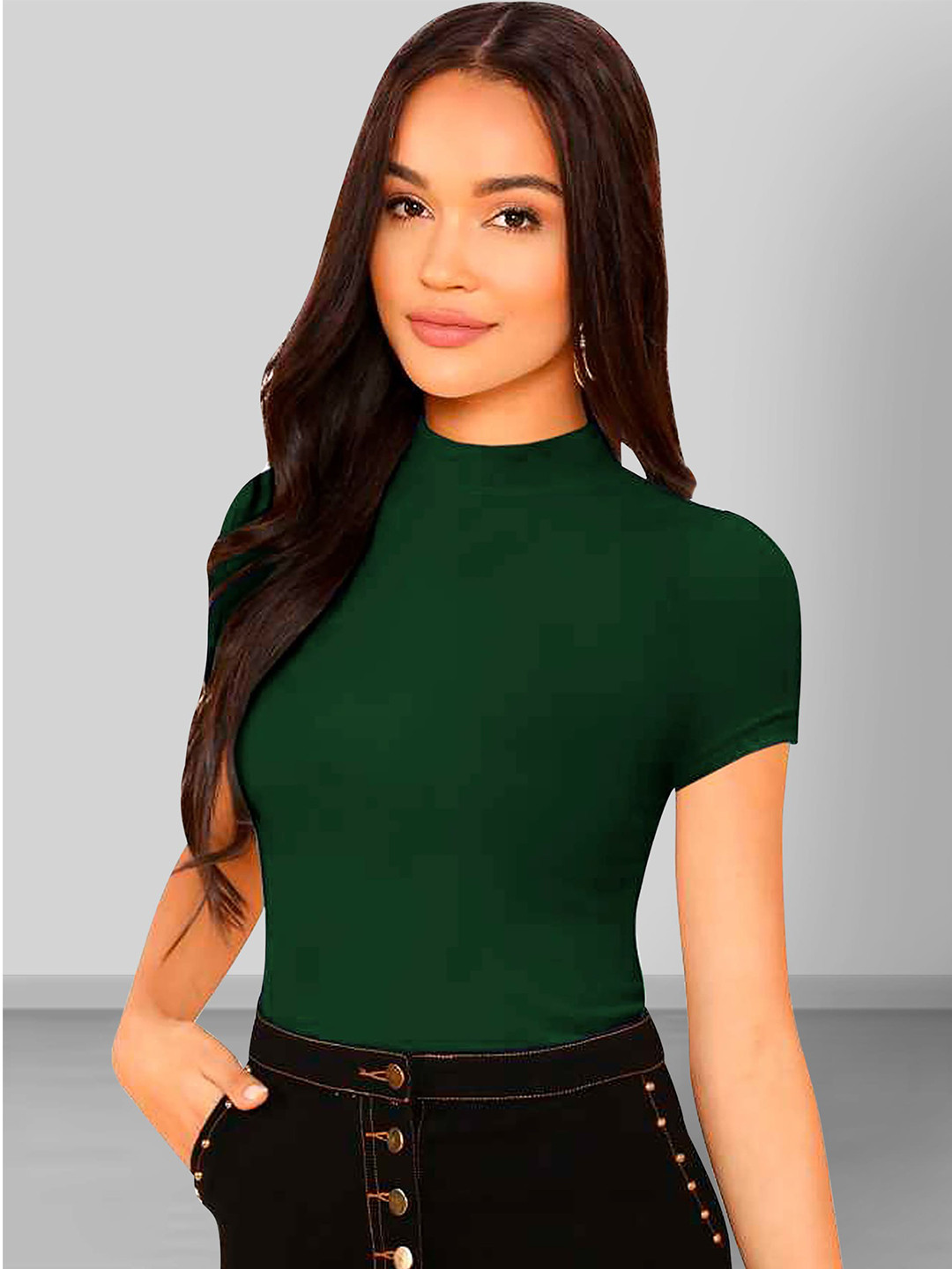

Dream Beauty Fashion High Neck Short Sleeves Fitted Top, Green