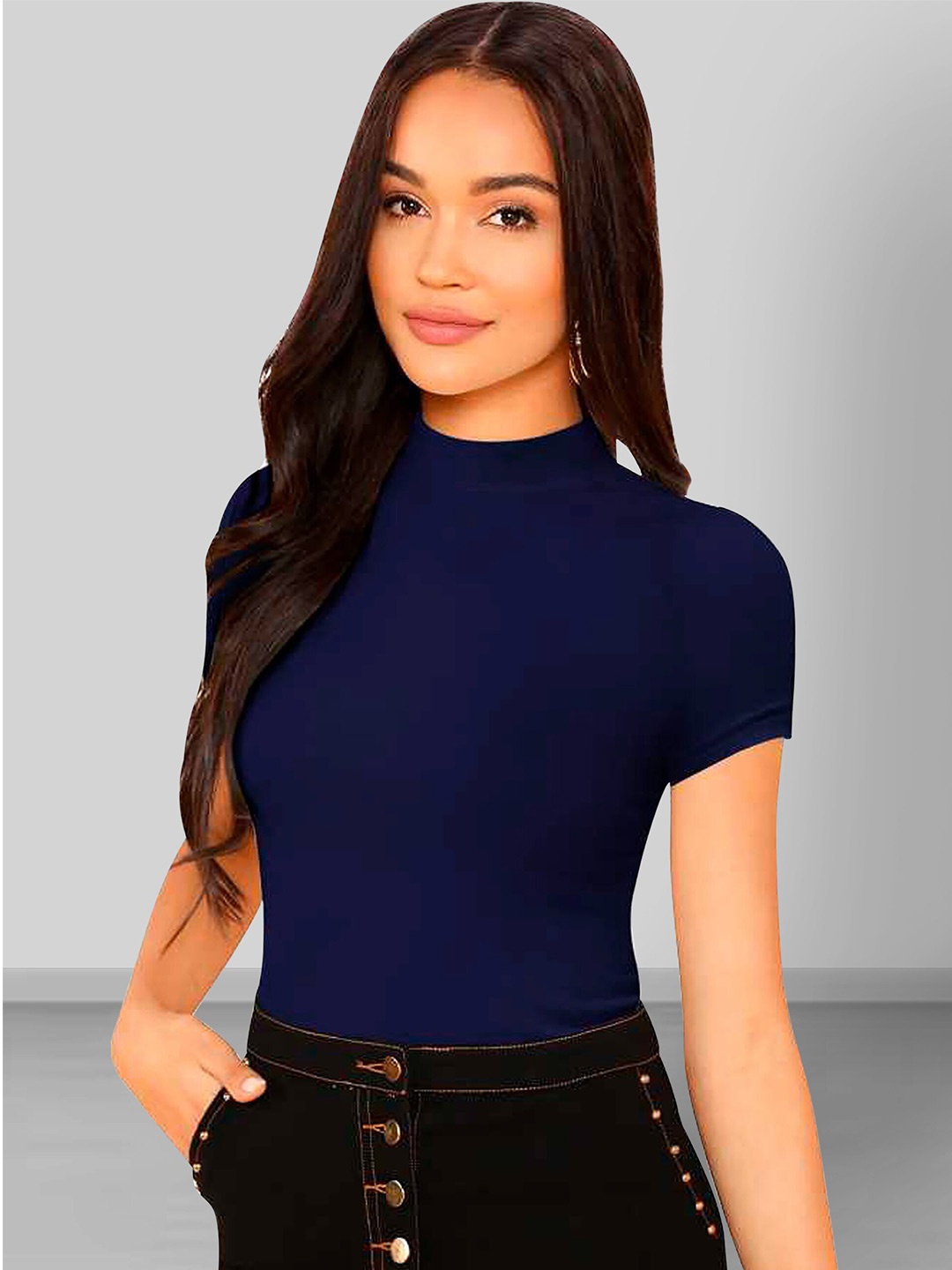 

Dream Beauty Fashion High Neck Short Sleeves Fitted Top, Navy blue