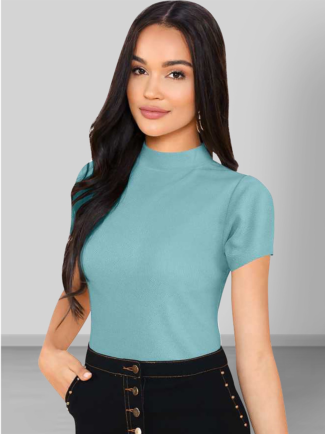 

Dream Beauty Fashion High Neck Short Sleeves Top, Turquoise blue