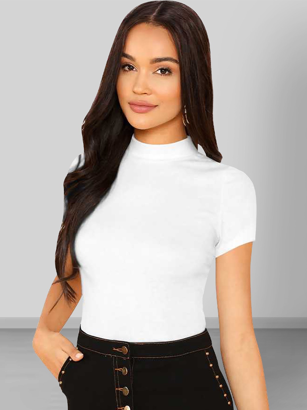 

Dream Beauty Fashion High Neck Short Sleeves Fitted Top, White