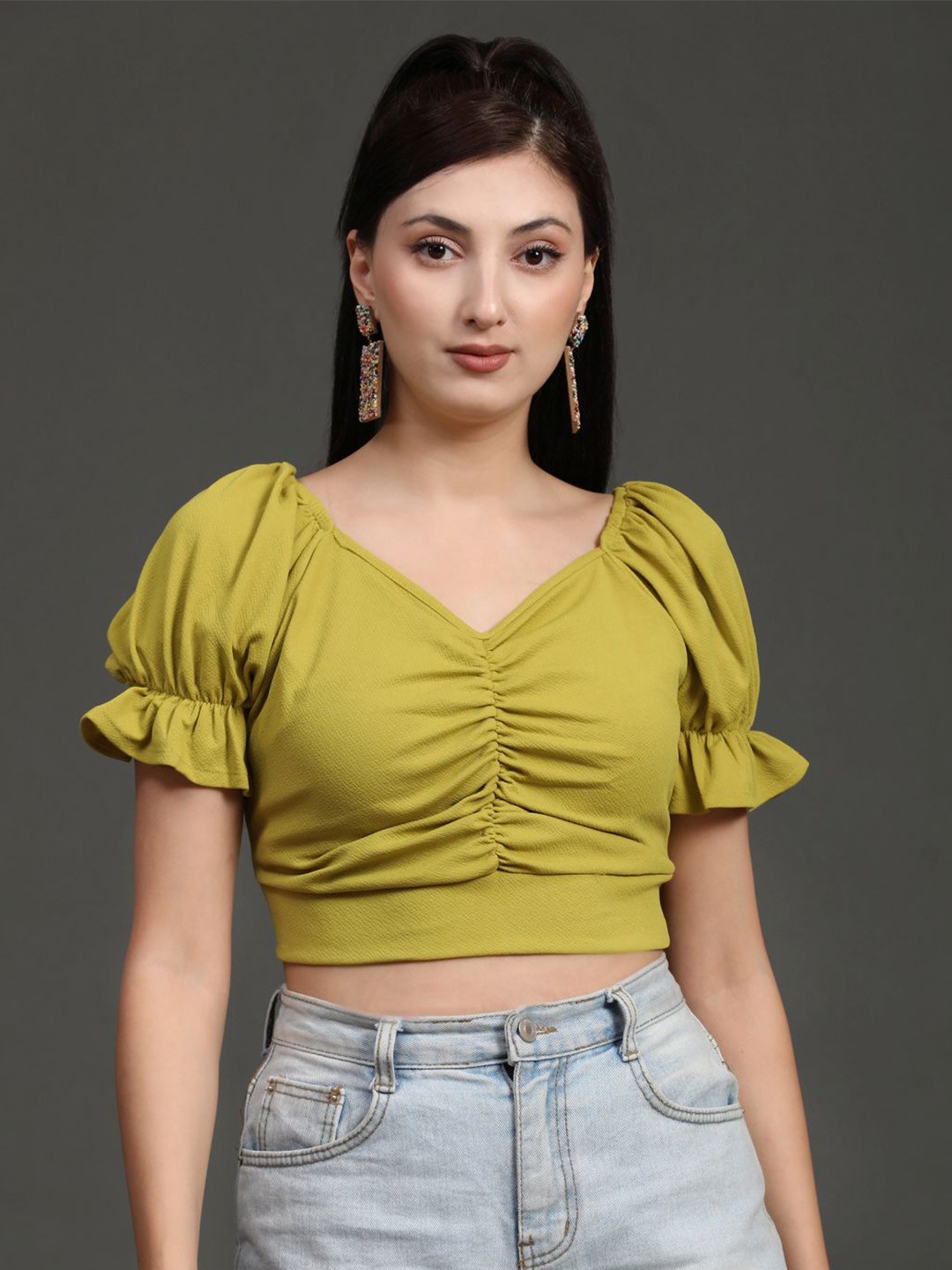

BAESD V-Neck Ruched Puff Sleeves Crop Top, Green