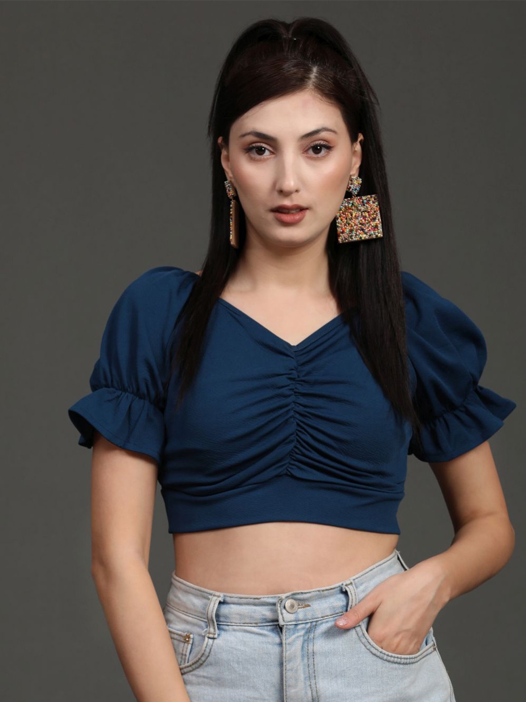 

BAESD Puff Sleeve Crop Top, Navy blue