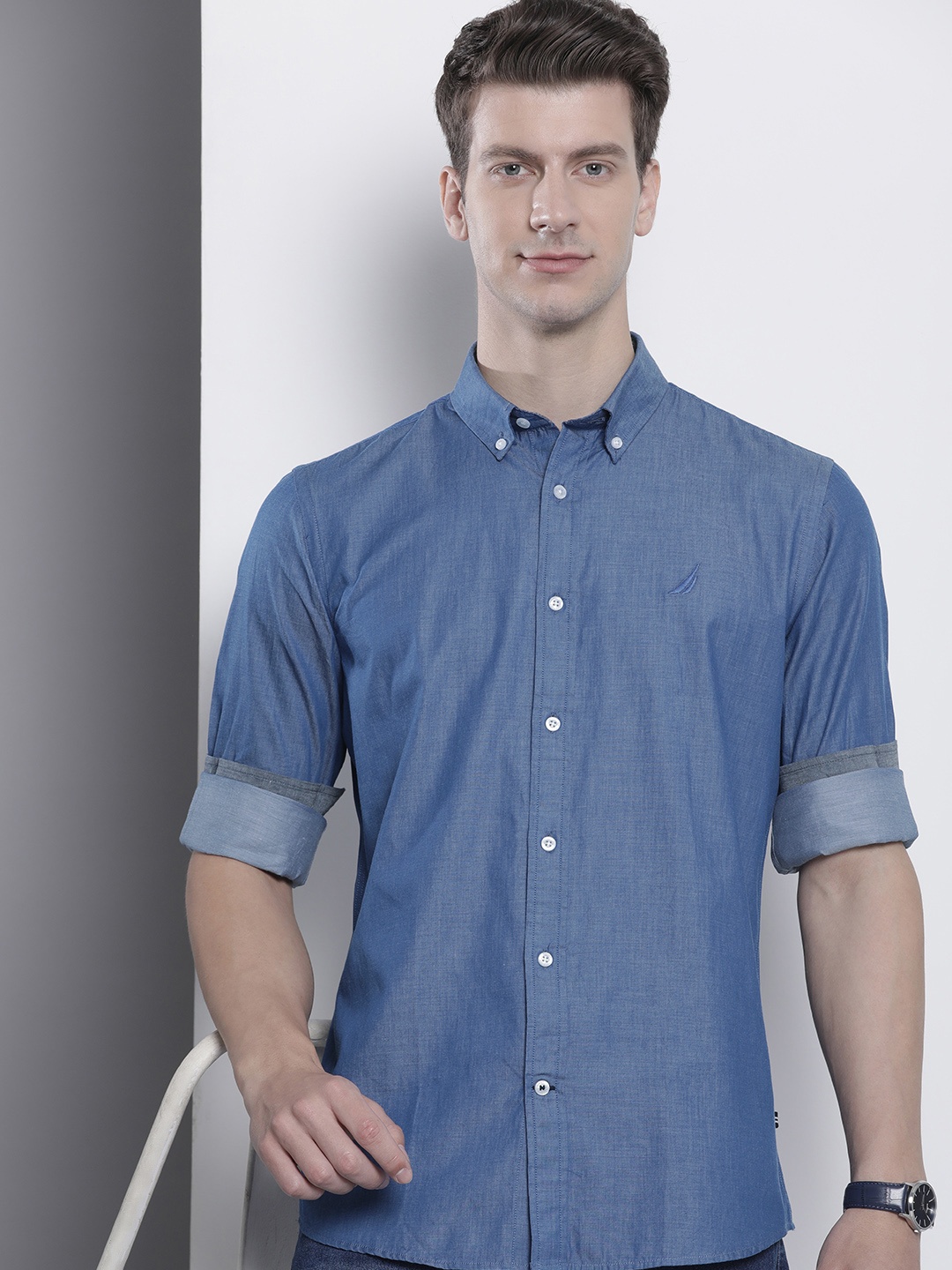 

Nautica Solid Slim Fit Pure Cotton Casual Shirt, Blue