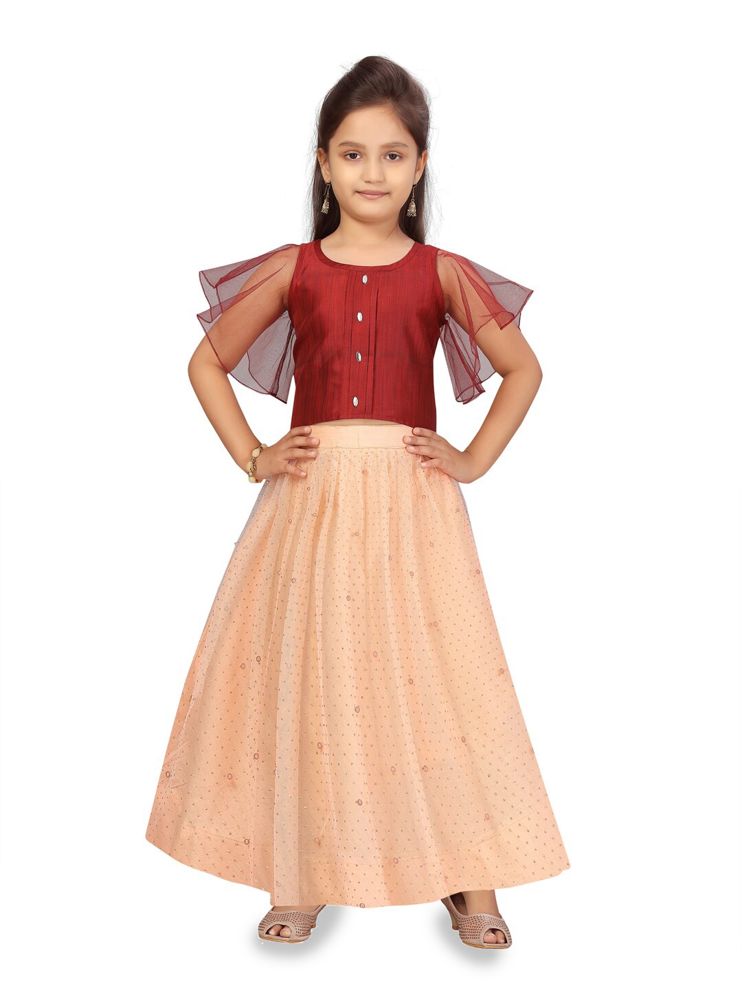 

BAESD Girls Embellished Flared Sleeves Ready to Wear Lehenga & Blouse, Maroon
