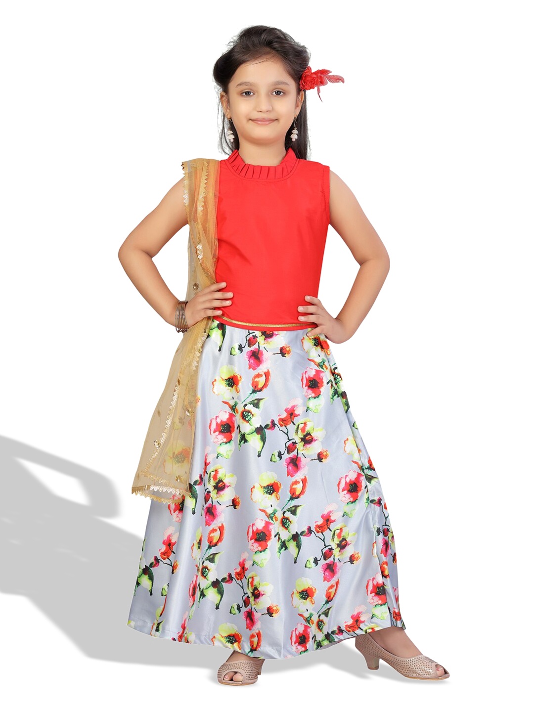 

BAESD Girls Printed Gotta Patti Ready to Wear Silk Lehenga & Blouse With Dupatta, Red