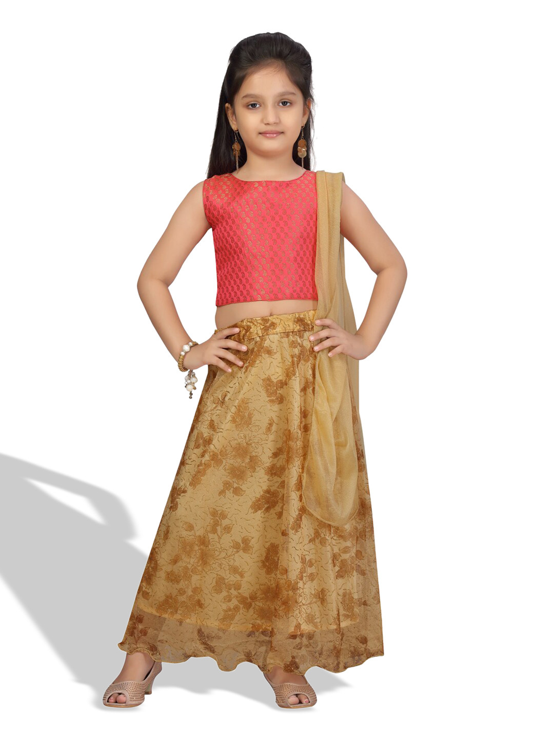 

BAESD Girls Printed Ready to Wear Silk Lehenga & Blouse With Dupatta, Red