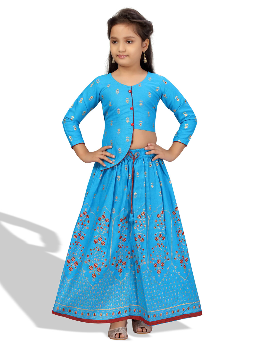 

BAESD Girls Floral Printed Cotton Ready To Wear Lehenga & Choli, Turquoise blue