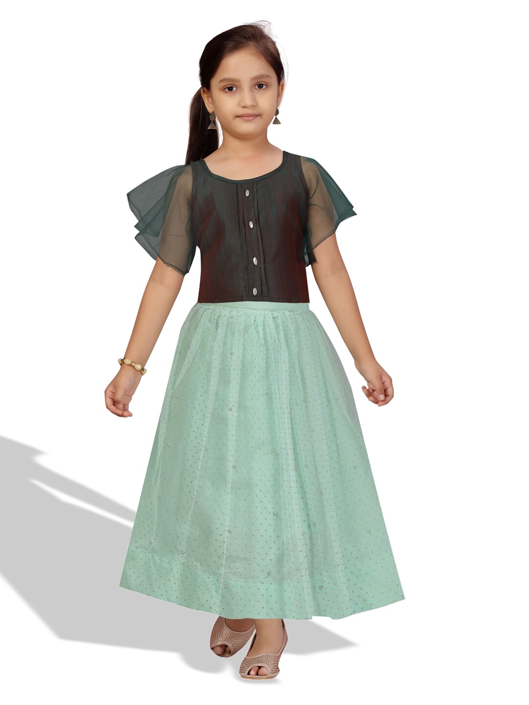

BAESD Girls Polka Dots Printed Silk Ready To Wear Lehenga & Choli, Green